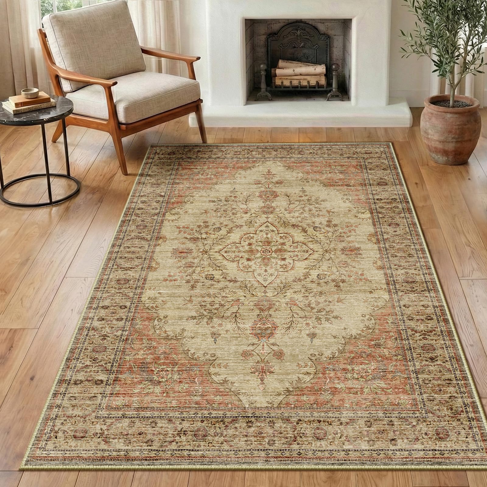 DEFYNEE Machine Washable Rug 90x150 cm, Short Pile & Anti-Slip, Retro Boho Area Rugs Living Room, Bedroom, Dining Room, Hallway, Kitchen, Brown-Orange