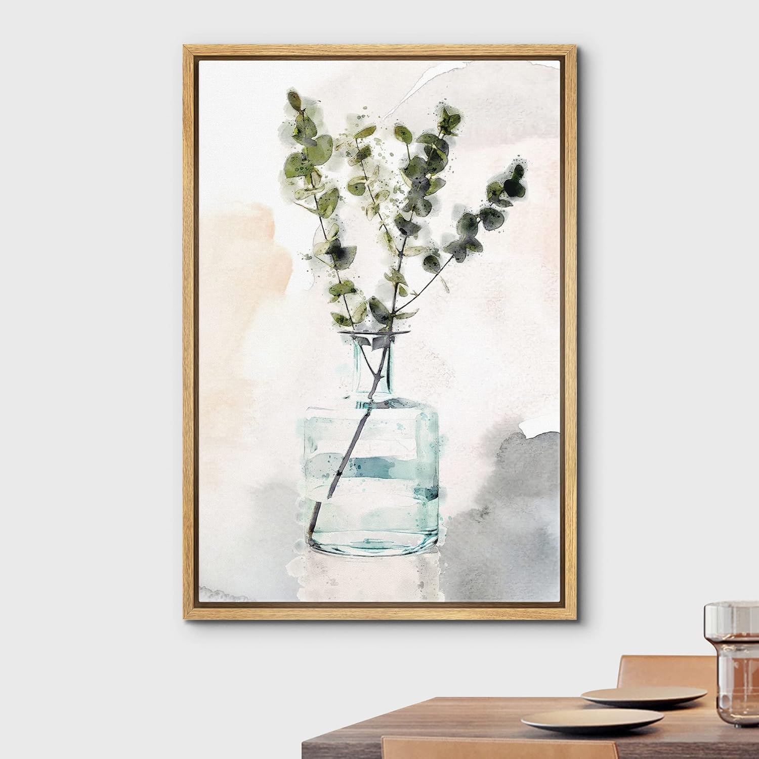 wall26 Framed Canvas Print Wall Art Dark Green Watercolor Eucalyptus Stem in Glass Vase Floral Botanical Illustrations Modern Art Chic Multicolor for Living Room, Bedroom, Office - 16"x24" Natural
