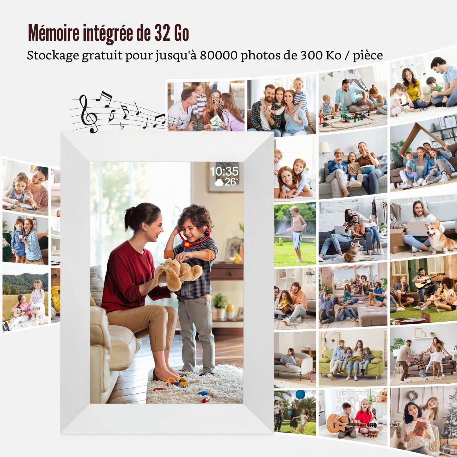 Cadre photo numérique WiFi de 10,1", écran tactile IPS 1280 x 800, cadre numérique intelligent, mémoire de 32 Go, rotation automatique, partage de photos et de vidéos via l'application Frameo (blanc)