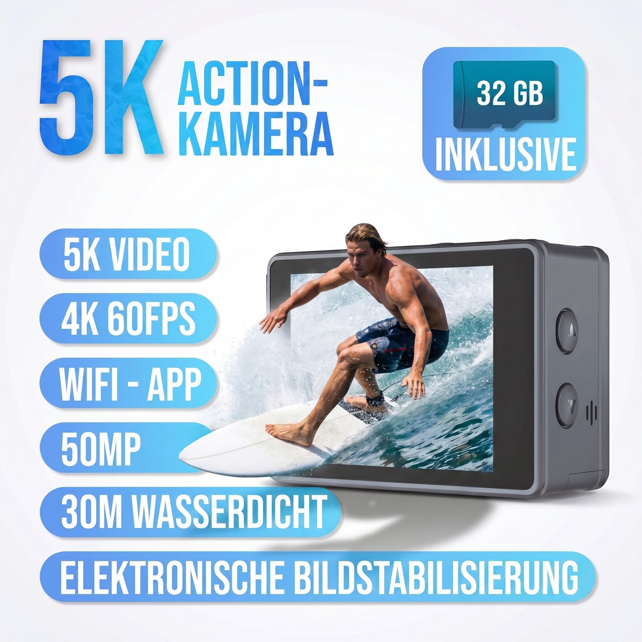 Senzo Action Cam 5K - 50MP - 60FPS - WiFi - Fotocamera subacquea - 30M - Fotocamera digitale - Videocamera - Stabilizzazione dell'immagine - Incl. 32GB SD