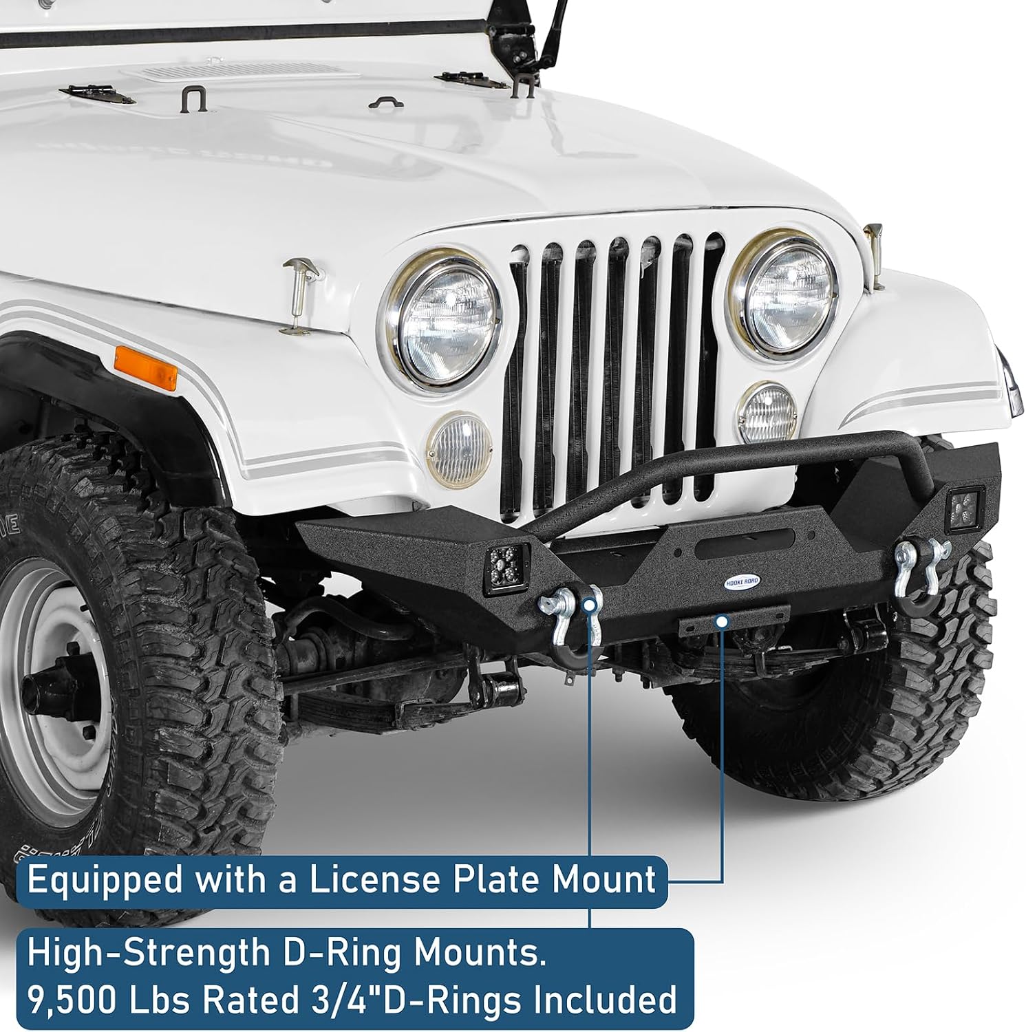 Hooke Road Offroad Front Bumper for 1976-1986 Jeep CJ-5 CJ-7 CJ-8 Scrambler, Mid Width Steel Winch Bumper w/D-ring Mounts & Bull Bar