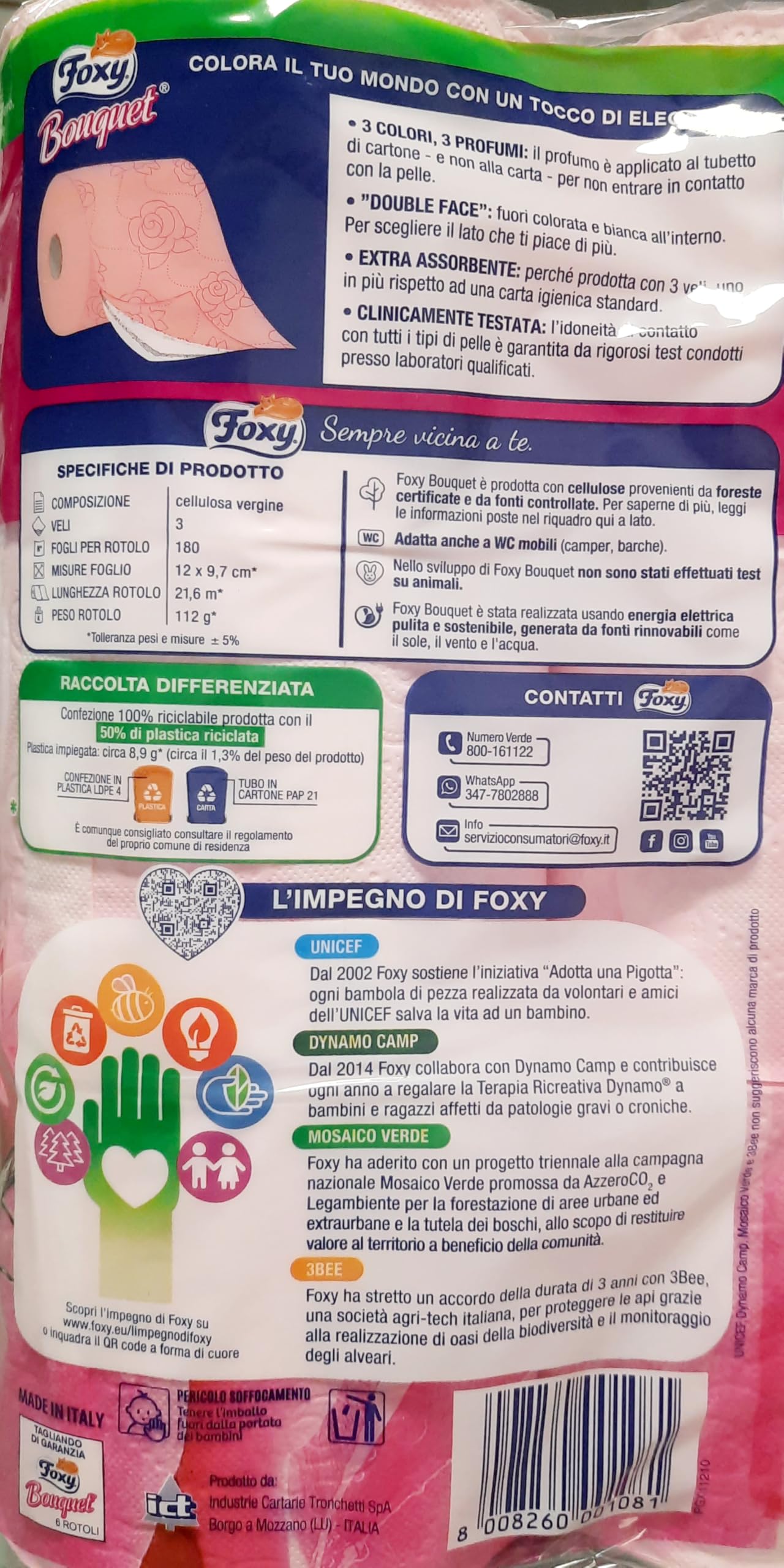 Foxy Bouquet | Carta igienica 54 Tripli Rotoli | Carta rosa al profumo di rosa | Certificazione PEFC | 100% Energia elettrica rinnovabile | Confezione riciclabile prodotta con plastica riciclata