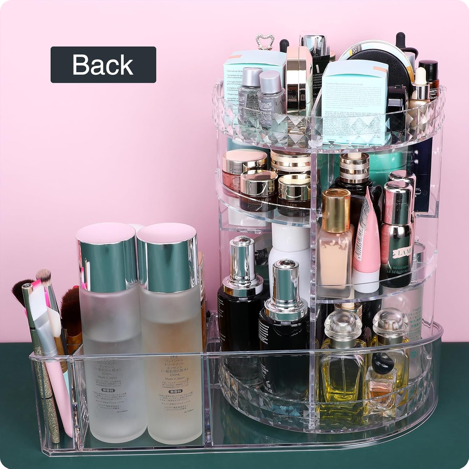 MOSIKER 360 Rotating Skincare Organizer,Large Clear Acrylic Tiered Adjustable Perfume Tray Cosmetic Holder for Bathroom