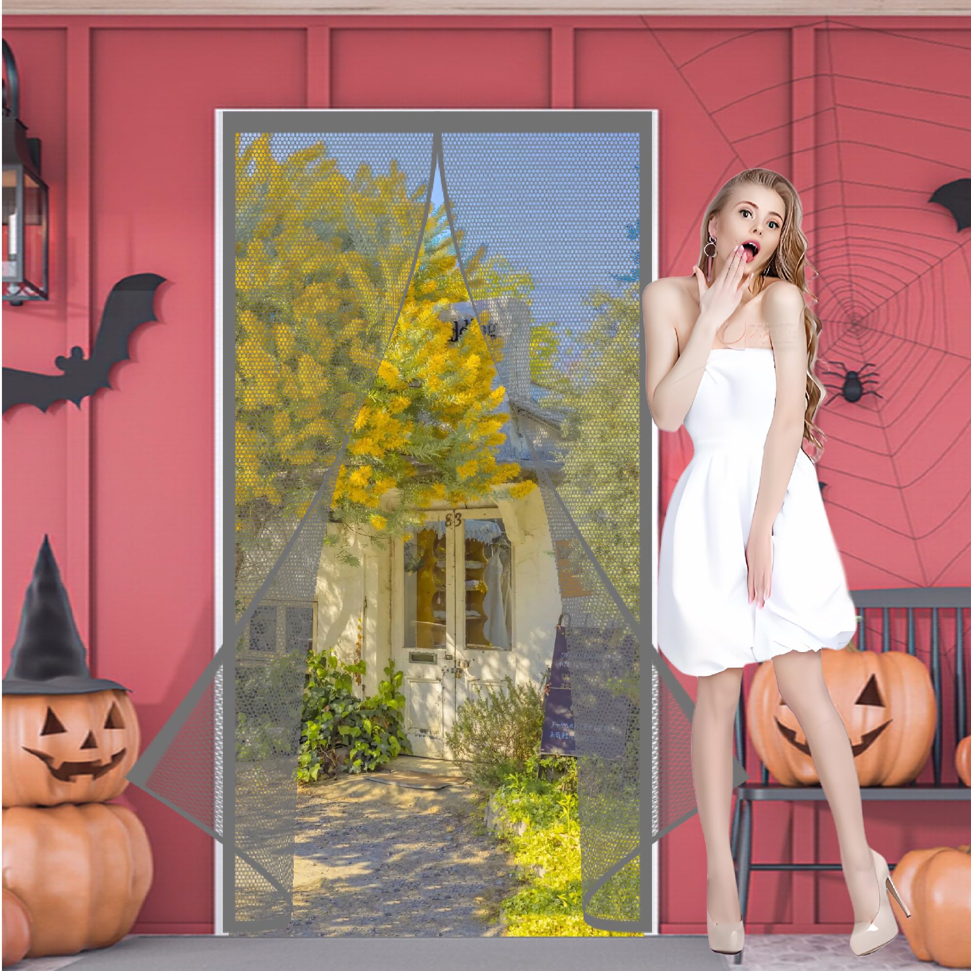 Rideau porte anti-insectes 135 x 208 cm gris avec aimants puissants