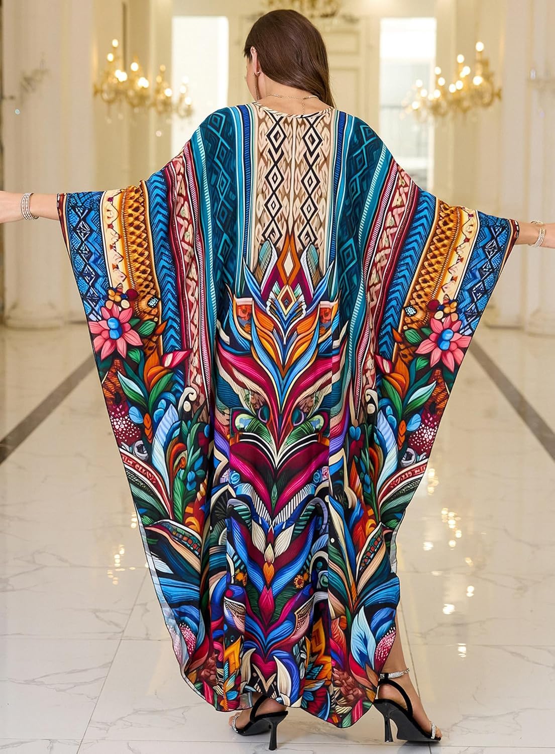 Women Kaftan Dresses Plus Size V-Neck Batwing Sleeves Beach Cover Up 2025 Summer Floral Print Caftan Dress - Image 3