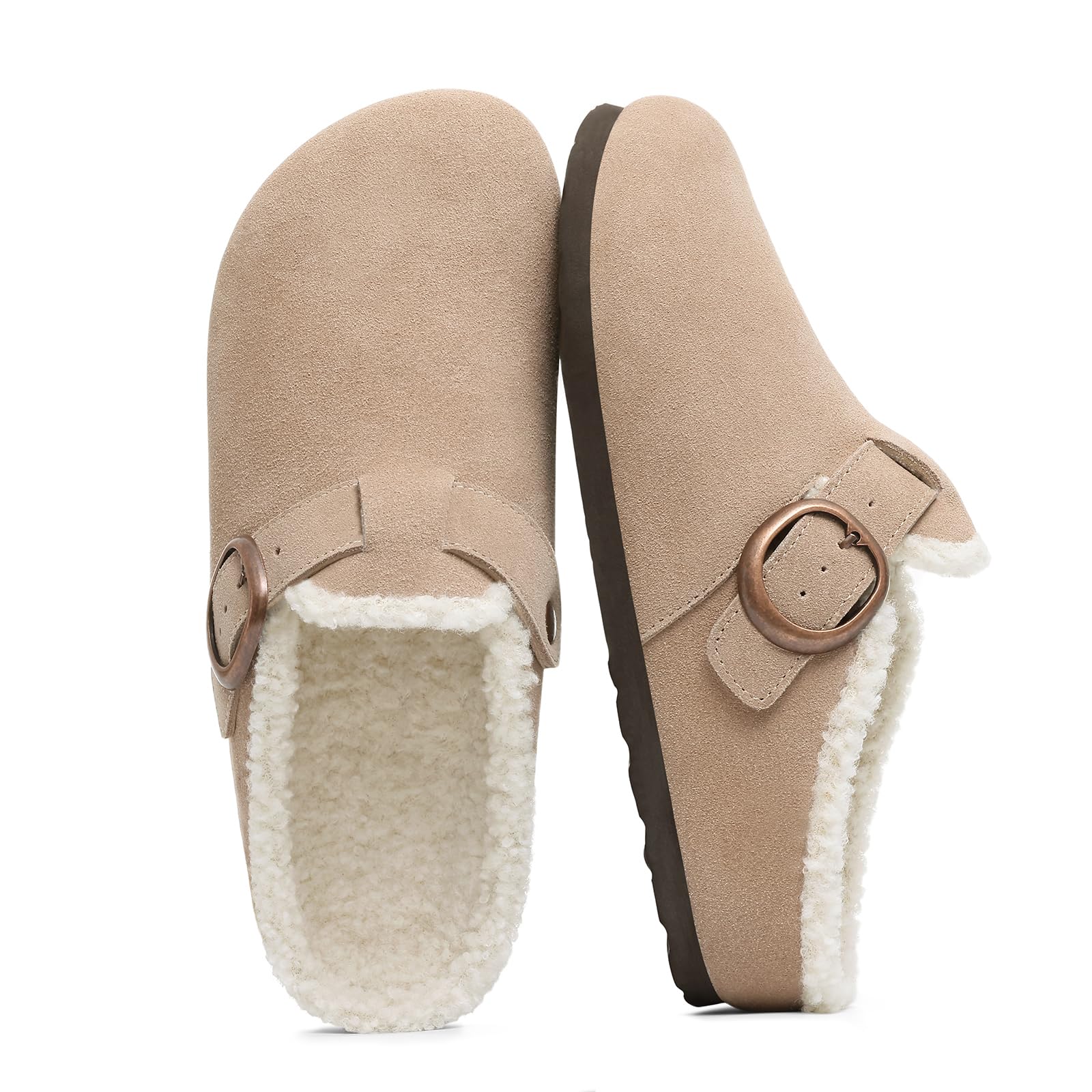 Women's Fur Lined Genuine Suede Clogs Fuzzy Cork Footbed