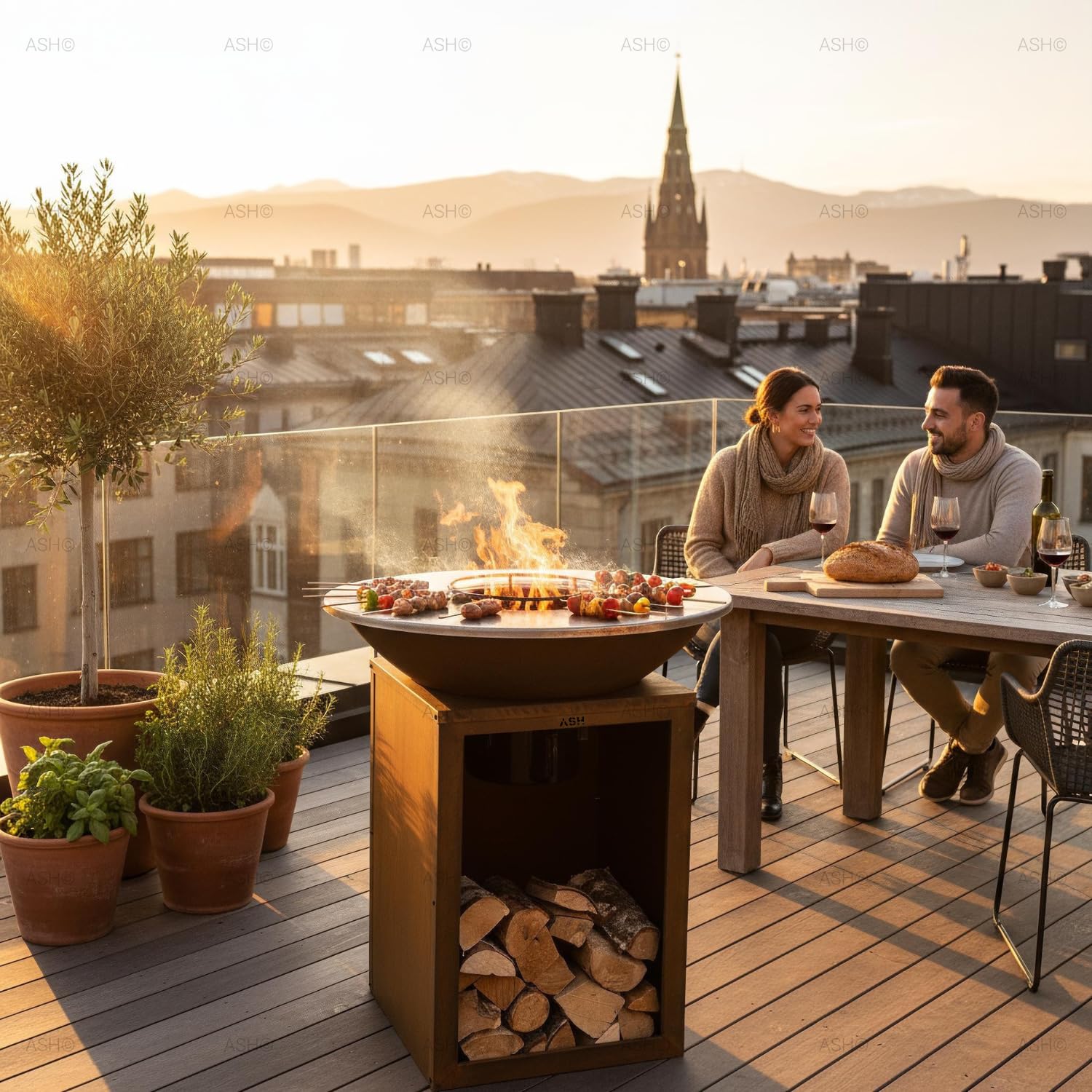 Plancha - BBQ - Barbecue - Acier Corten - Plaque de cuisson - Ø81 cm - Extérieur - Rangement bois - Plancha - Ash Solaris - XXL - Anneau de barbecue - Cheminée de jardin - Barbecue - Aspect luxueux