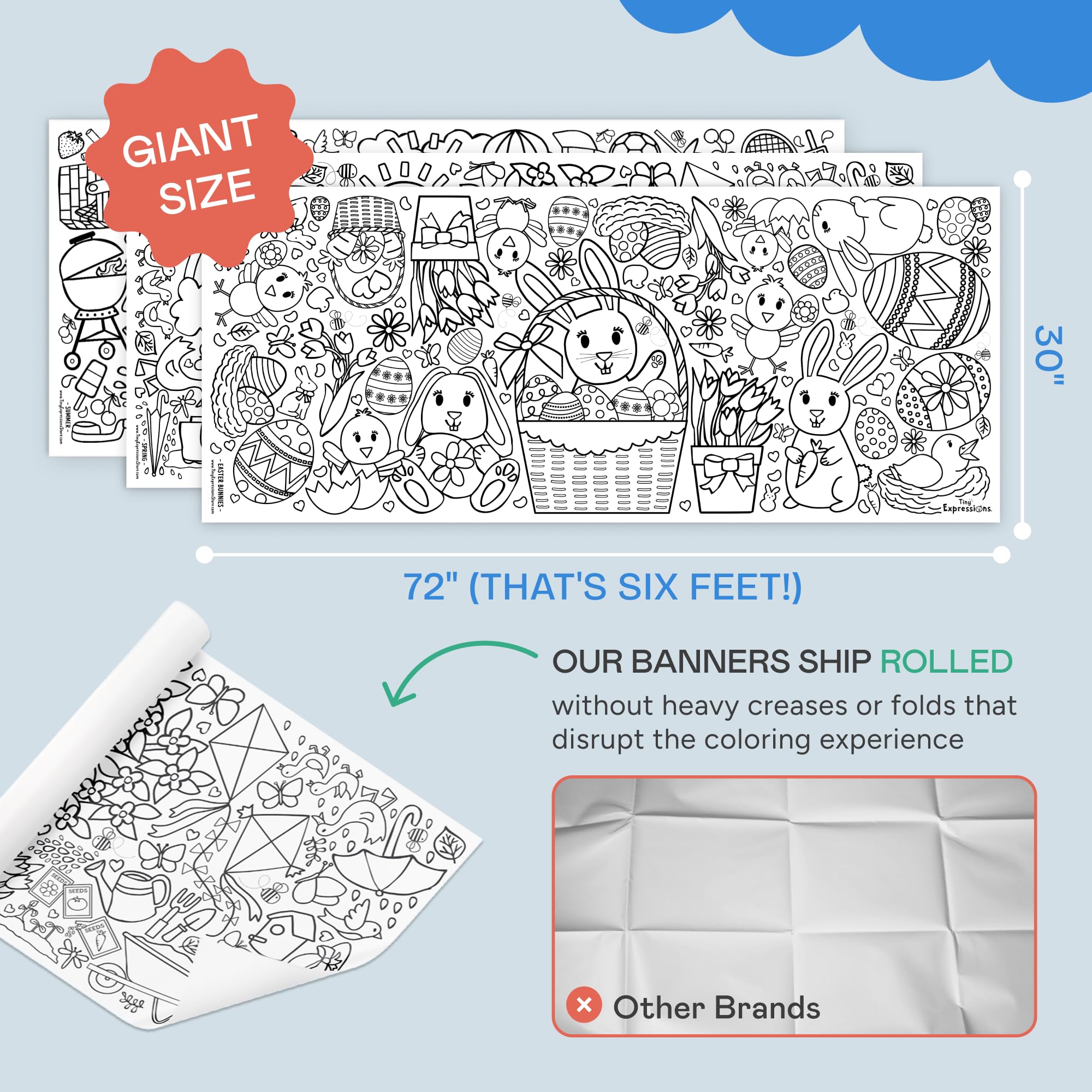 Tiny Expressions - 3-Pack Large Holiday Coloring Tablecloth for Kids - Easter, Spring, Summer Themes - Rolled, No Creases 30