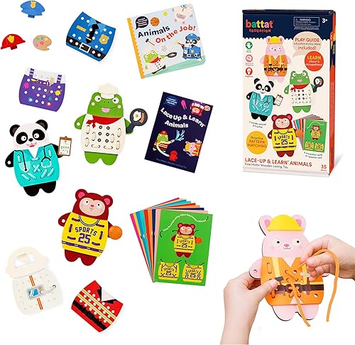Battat Education Juguete de madera con cordones - Juguete de cordones y enhebrado - Juguete Montessori con cordones - Animales con cordones - 3 años