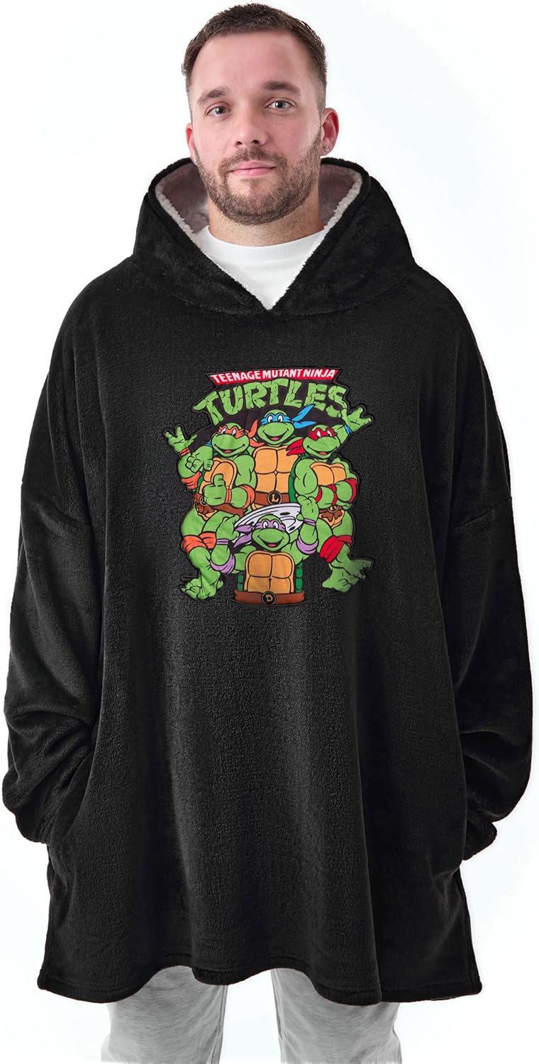 Teenage Mutant Ninja Turtles Mens Wearable Blanket Hoodie | Adults Printed TMNT Characters Hooded Pullover Fleece in Black