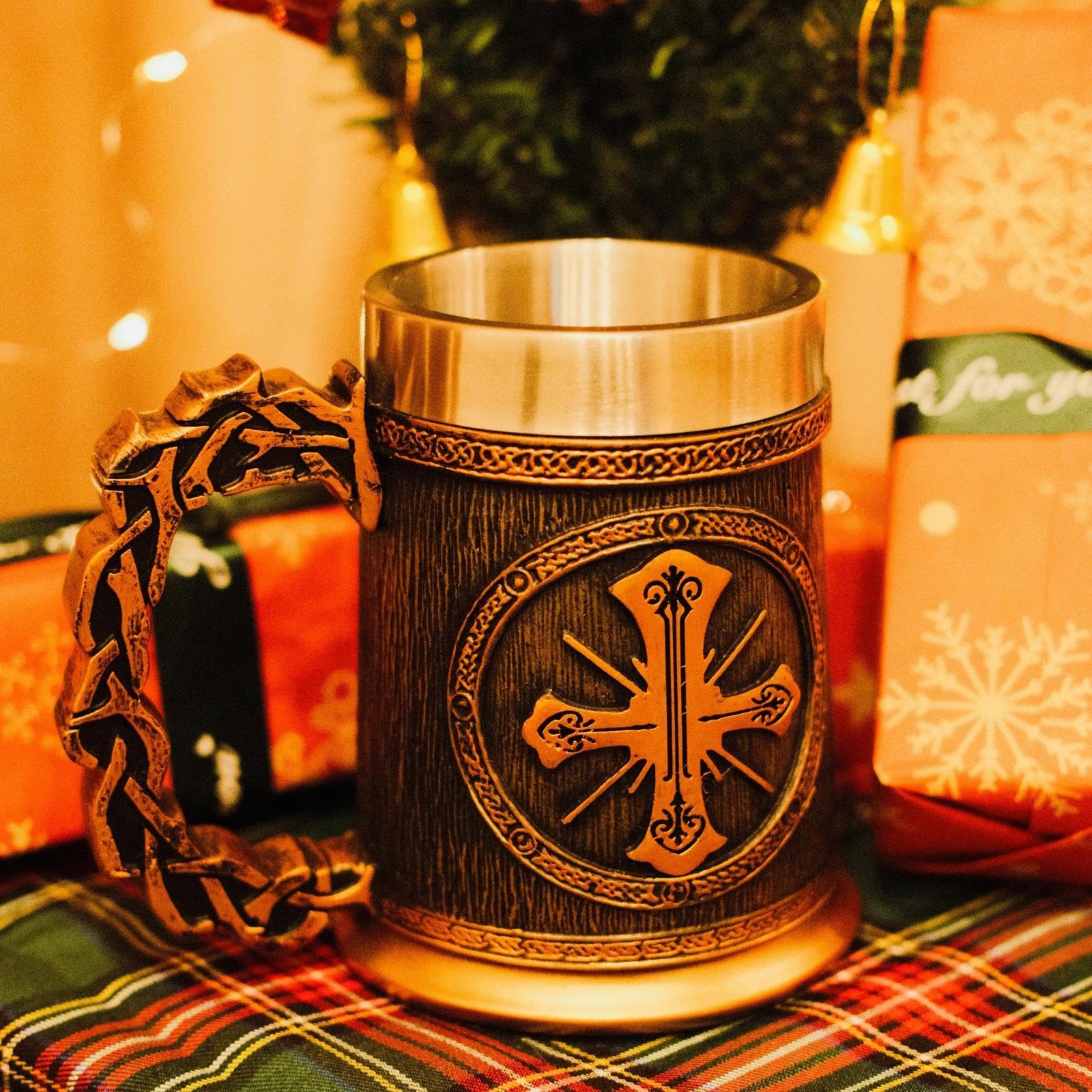 Mug Médiéval Acier Inox Chope Médiévale Viking En Acier Inoxydable - Design Drakkar Warrior - 45 Ml - Cadeau Homme Original Décoration Style Nordique