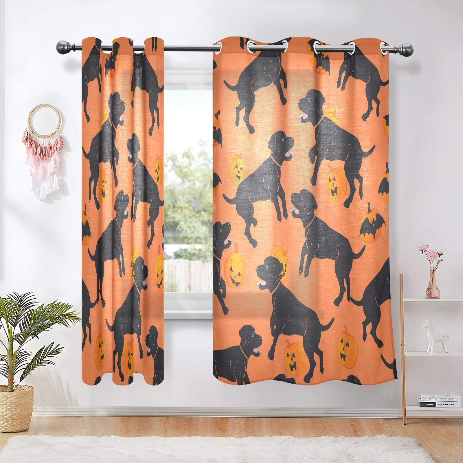 Cortinas opacas decorativas para dormitorio, diseño de perro labrador bailando, naranja, negro, calabaza, 160 cm, juego de 2 paneles de 2 paneles
