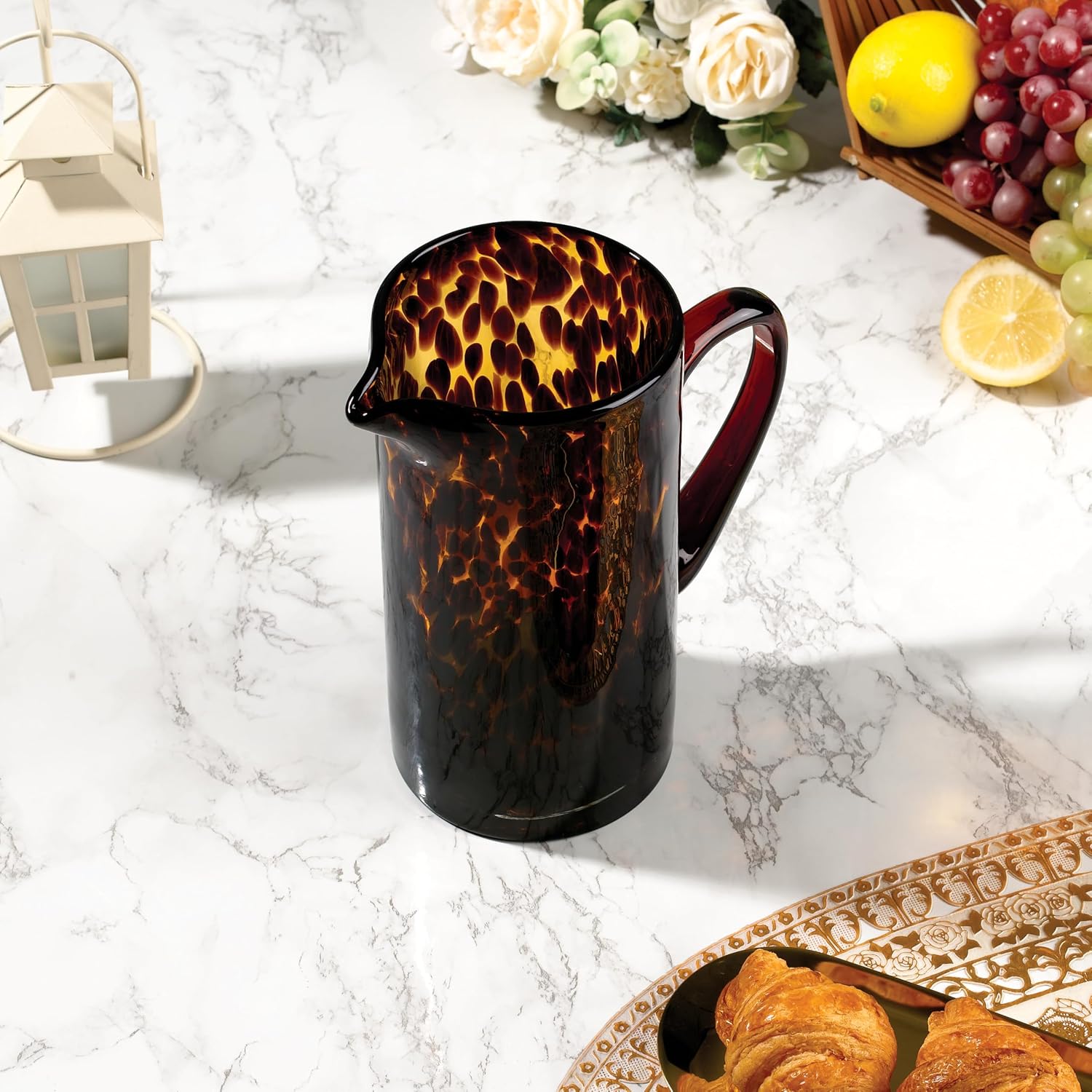 Tortoise Shell Pitcher Set of 1 – 46.5 oz Glass Pitcher – Durable, Lead-Free, Dishwasher Safe – Elegant Gift Packaging