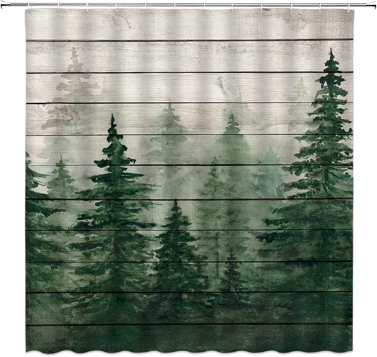 Rustic Forest Shower Curtain Watercolor Pine Trees Abstract Oil Painting Foggy Woods Fantasy Nature Landscape Bathroom Decor Fabric Bathroom Sets with Hooks,Green