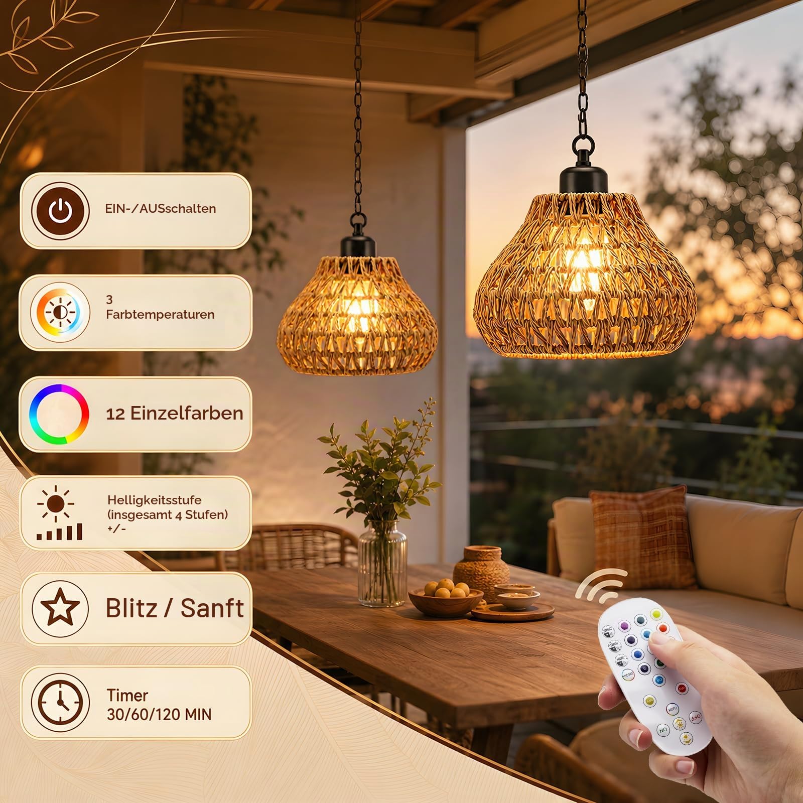 2 Stück hängelampe outdoor mit Fernbedienung, Boho Batteriebetriebene Lampe Hängeleuchte Ohne, IP65 Hängeleuchte Boho Rattan, Tragbare für Innen Außen Garten Terrassen Schlafzimmer Esstisch