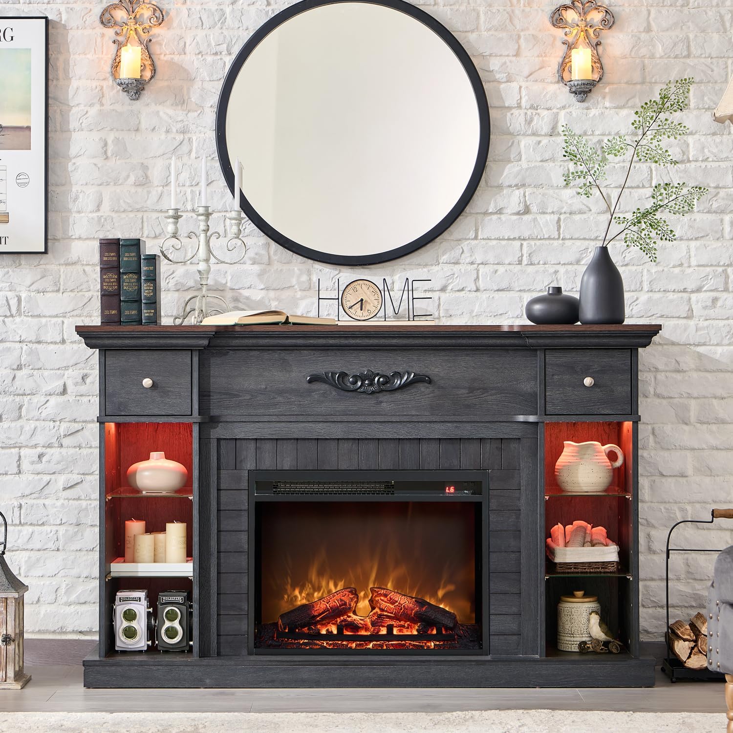 Amazon.com: Woenei Black Electric Fireplace TV Stand for TV up to 65 ...