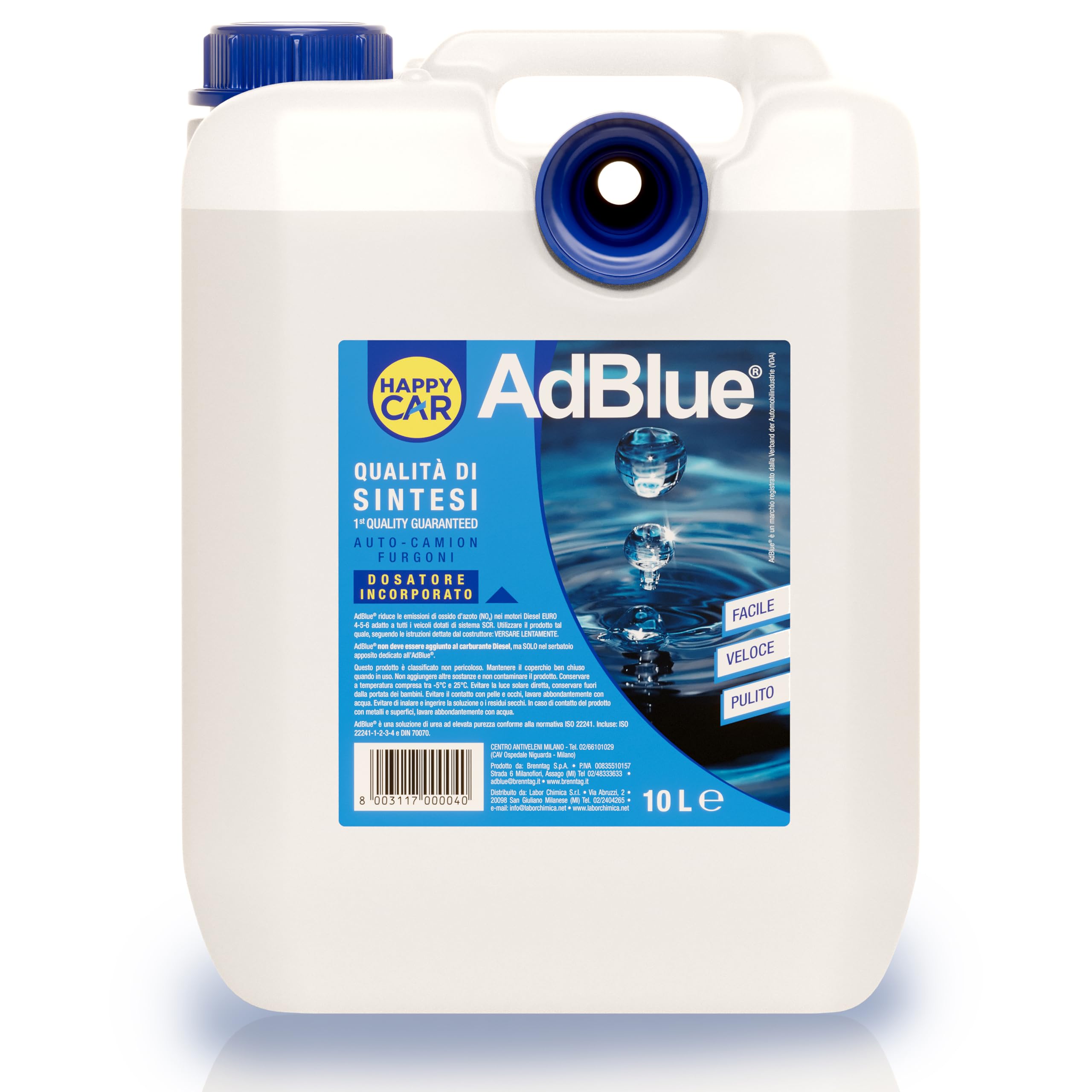 HappyCar AdBlue 10L - Liquido per Gas di Scarico per Motori Diesel con Sistema SCR ISO 22241 con Dosatore Incluso - Made in Italy