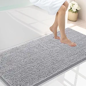 Smiry Luxury Chenille Bathroom Rugs 47x24, Extra Soft and Absorbent Shaggy Bath Mat, Machine Washable, Non-Slip Plush Carpet Runner for Tub, Shower, and Floor, Home Decor Accessories, Light Grey