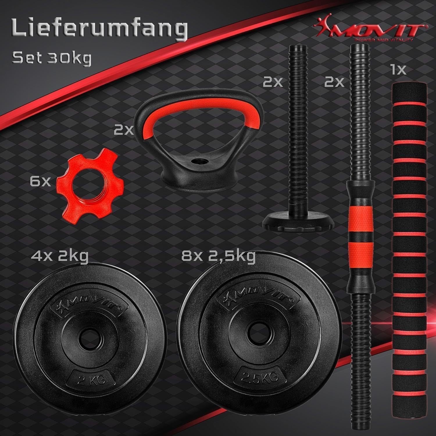 MOVIT Hanteln Set - 6in1, 20/30kg, XXL, Verstellbar, Kunststoff, Push Up Griffe, Schwarz und Rot/Orange - Dumbbell Set, Hantel Gewichte, Verstellbare Kurzhanteln, Kettlebell, Hantelset für Zuhause