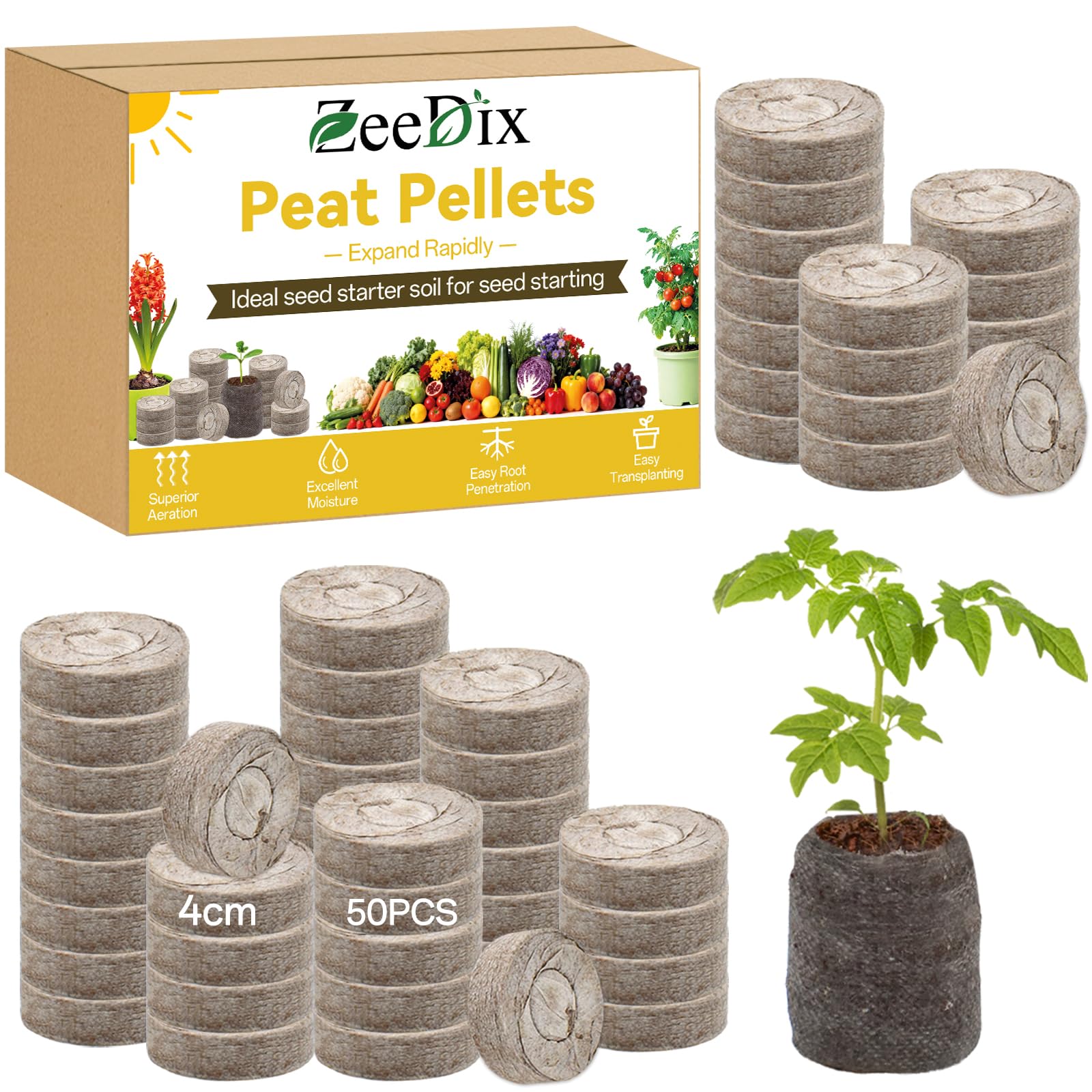 ZeeDix 50Pcs 40mm Organic Seed Starter Peat Pellets