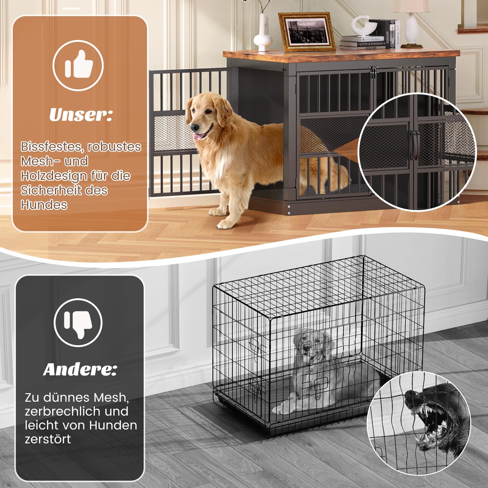 Hundekäfig Möbel, 104 cm Großer Hundebox für den Hausgebrauch, Modernes Indoor Holz-Hundekäfig, Doppel-Tür-Design, Bissfest, Geeignet für Kleine/Mittelgroße/Große Hunde, Schwarz, 104x51x78 cm
