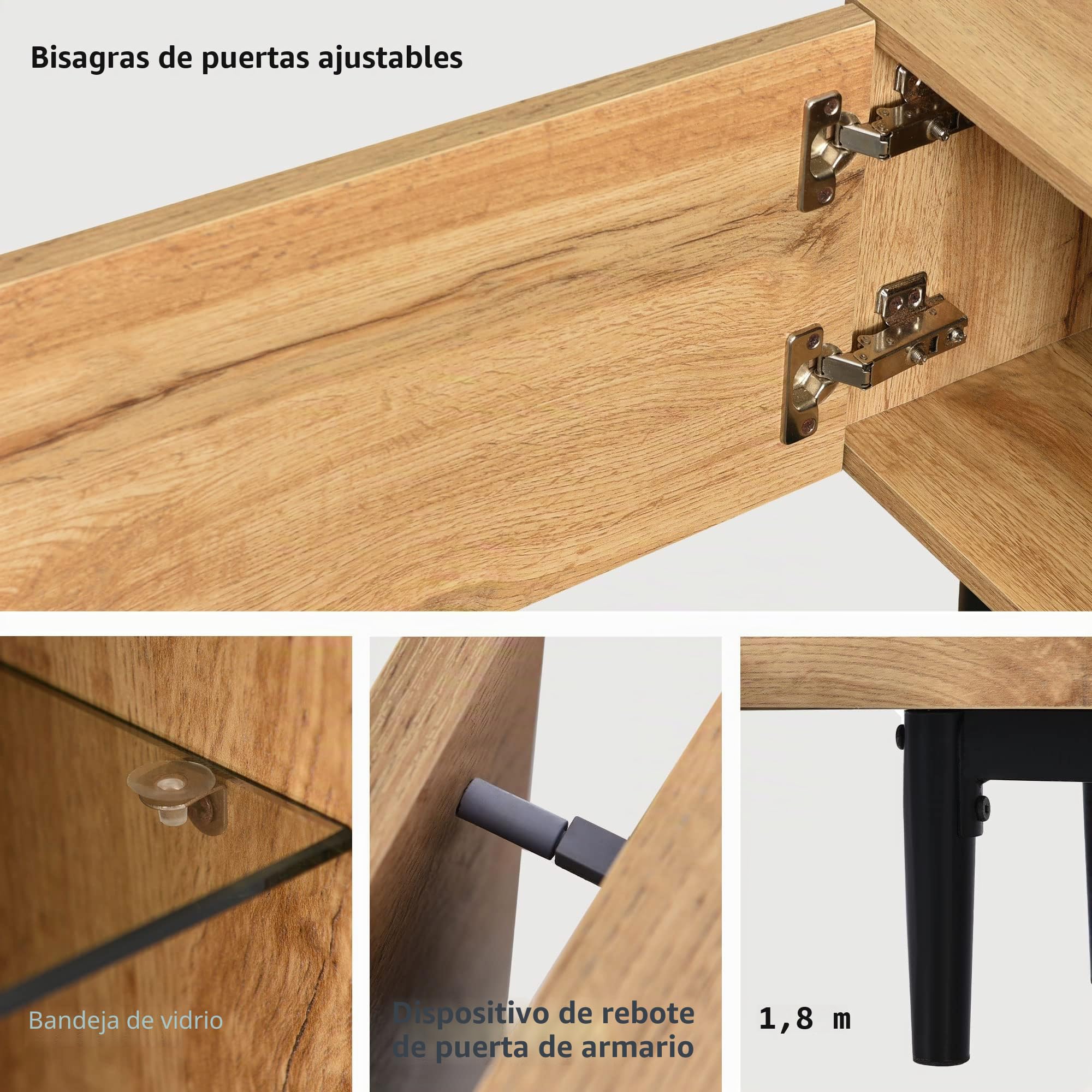 Azkoeesy 175 cm Mueble de TV con iluminación LED, para salón, Diseño de Vetas de Madera, Color Natural + Patas de Metal Negro