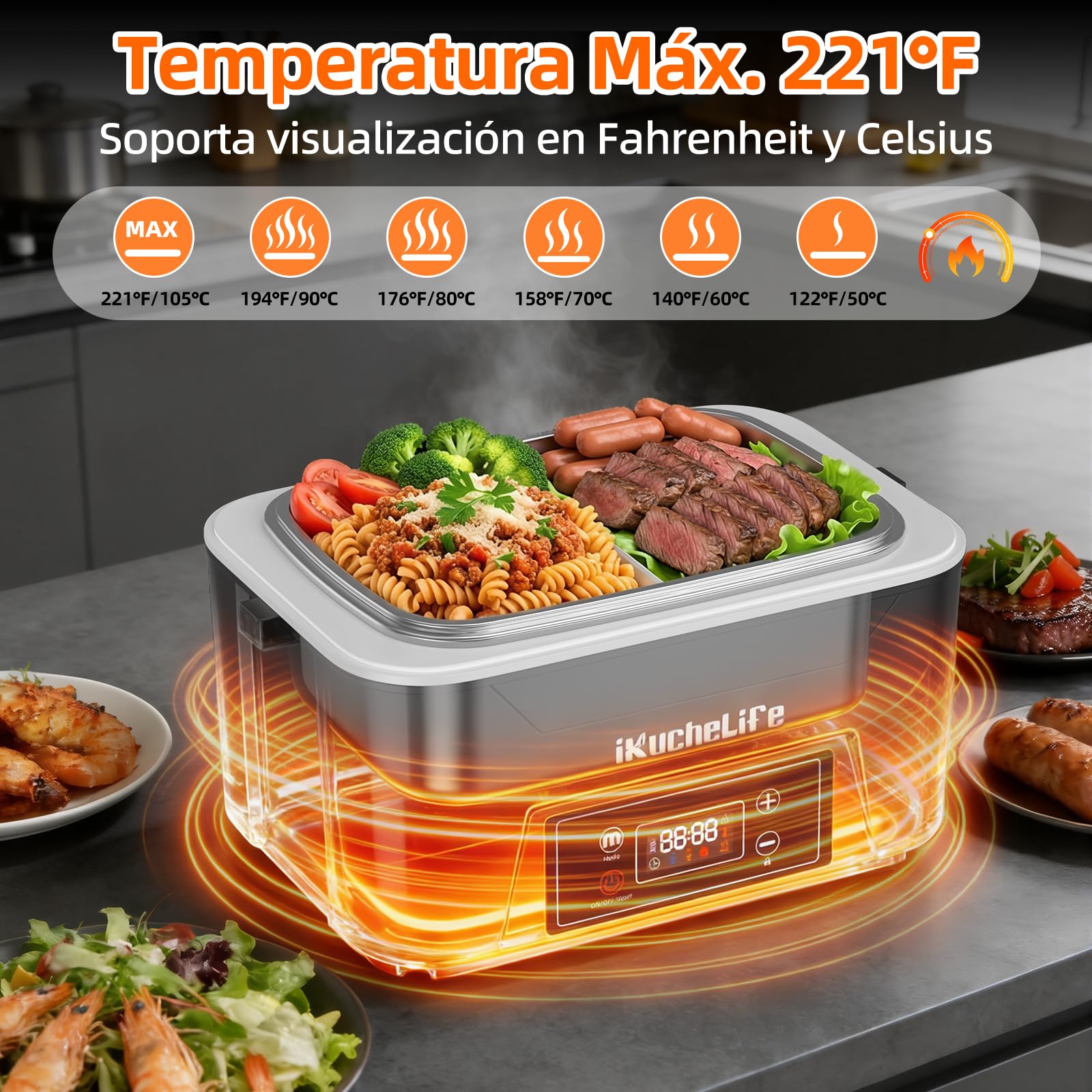 Fiambrera Electrica 1,2L Inalámbrica Programado Taper Electrico para Comida con Divisores Extraíbles Cubiertos y Bolsa Térmica Tupper Calentador para Comida USB para Coche Camion（Negro）