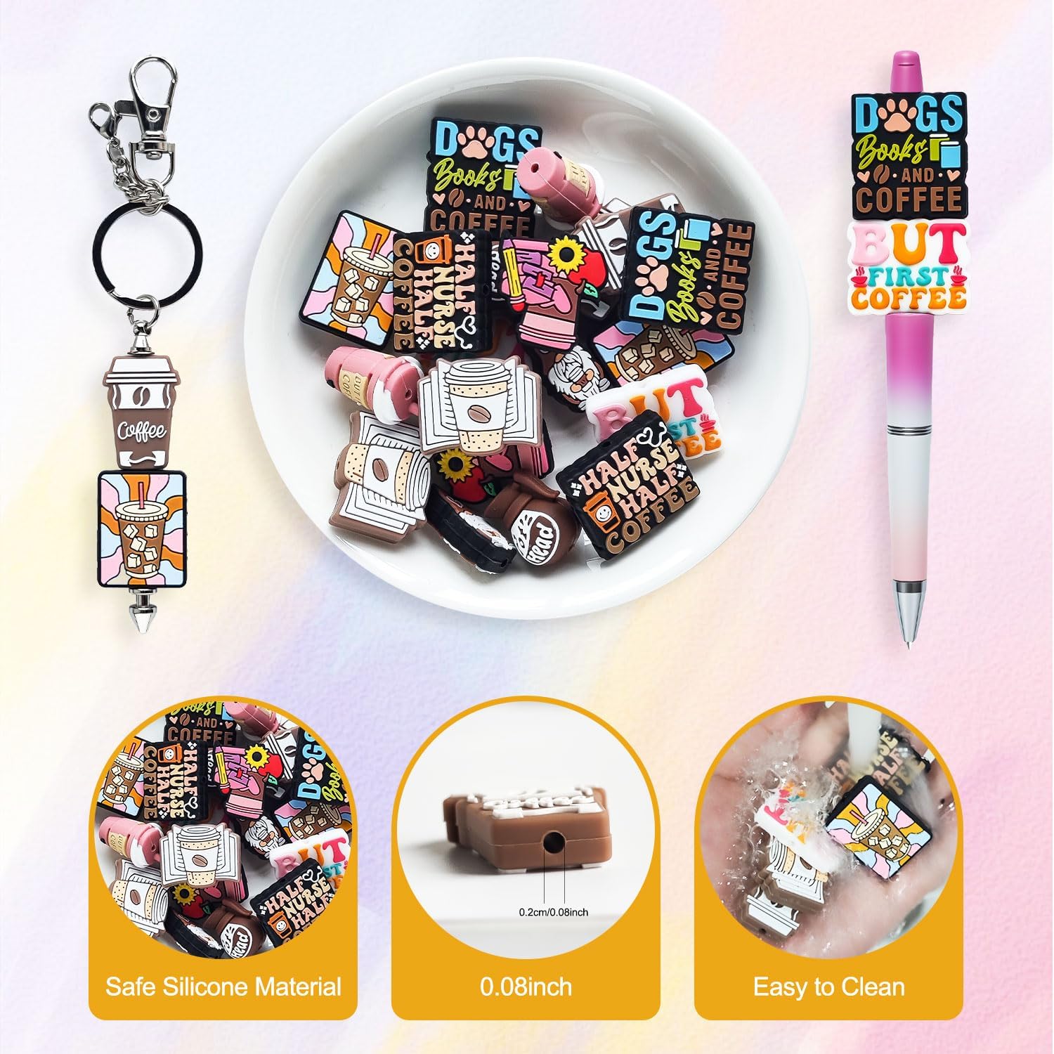 20 Pcs Coffee Theme Silicone Focal Beads for Pens, 10 Mix Patterns Pen Charms, Cute Silicone Charms for Beaded Pen Making, Keychain Crafts, DIY Lanyards, Stationery Accessory, Handicraft Projects - Image 4
