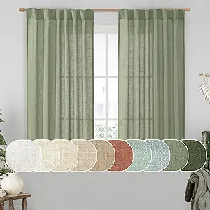LAMIT Semi Sheer Linen Curtains 45 Inches Long 2 Panels, Sage Green Light Filtering Panels Back Tab and Rod Pocket Neutral Drapes for Kitchen/Window/Bedroom, 52 x 45 Inch