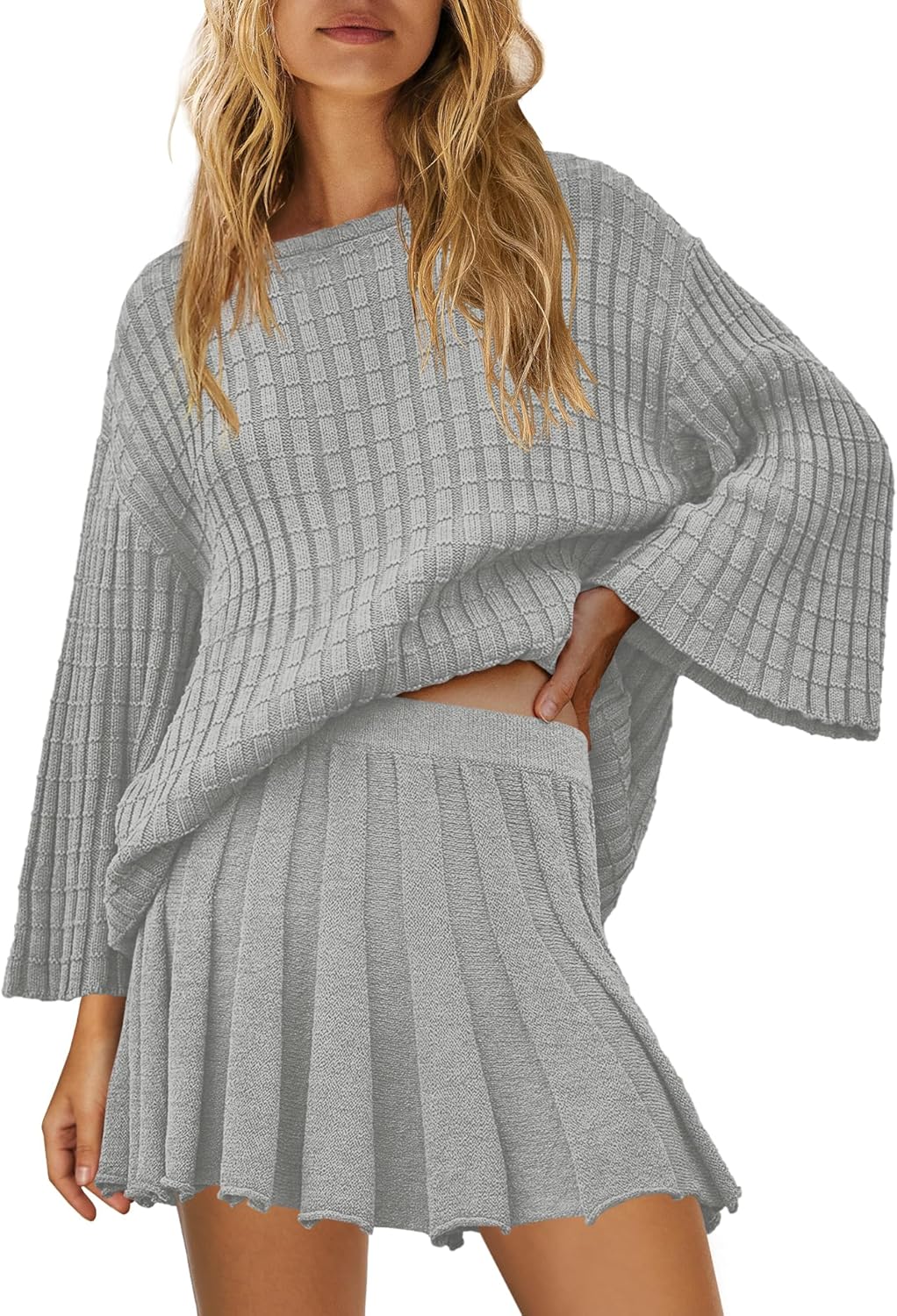 SENSERISE Fall Sweater Sets Skirt Sets Women 2 Piece Outfits Long Sleeve Top and Skirts Set Loungewear