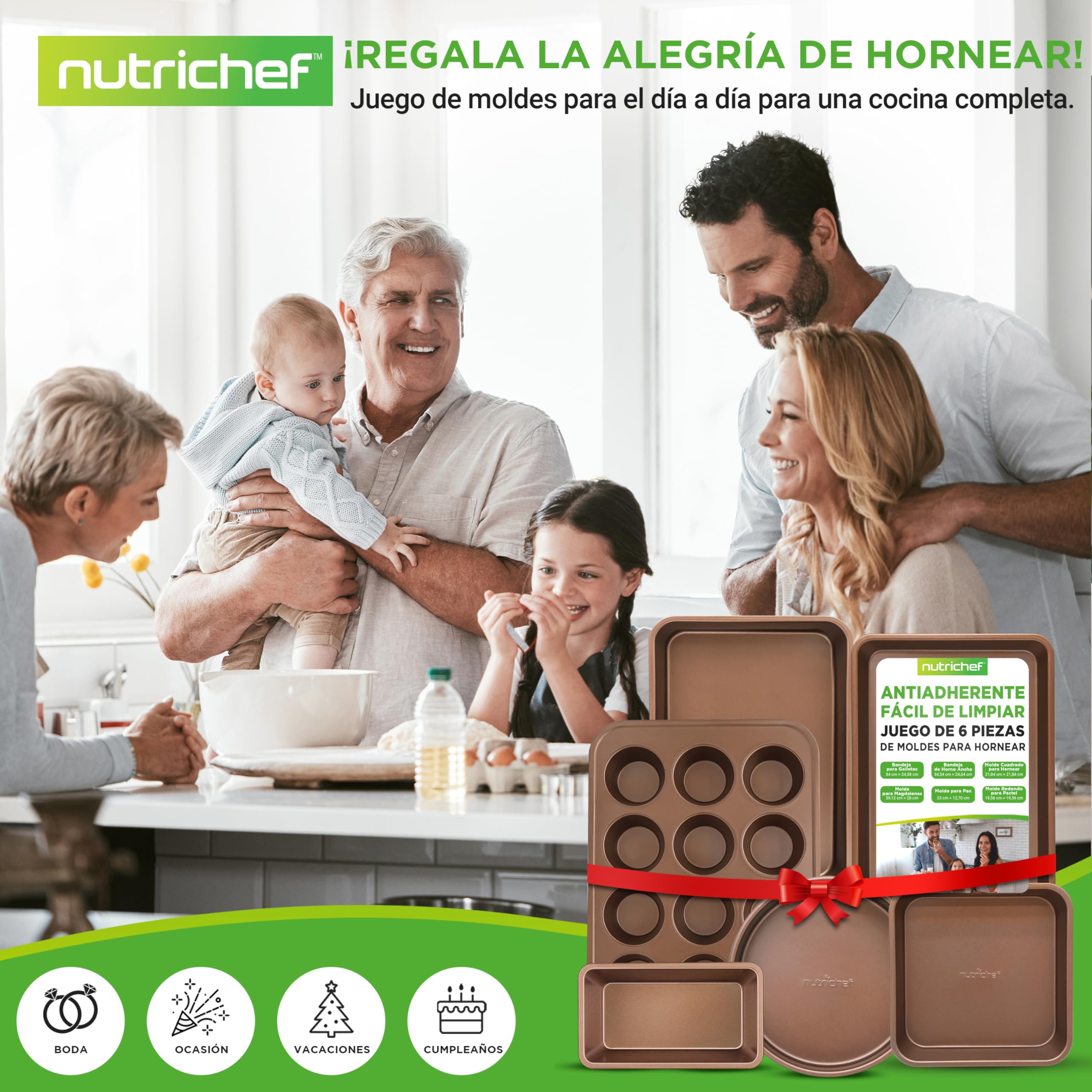 Nutrichef Bandejas Horno, Set de 6, Incluye: Bandejas para Galletas, para Asar, Molde para Magdalenas, Pan y Pasteles, Mangos de Silicona, Apilables, Acero al Carbono Resistente, Antiadherentes