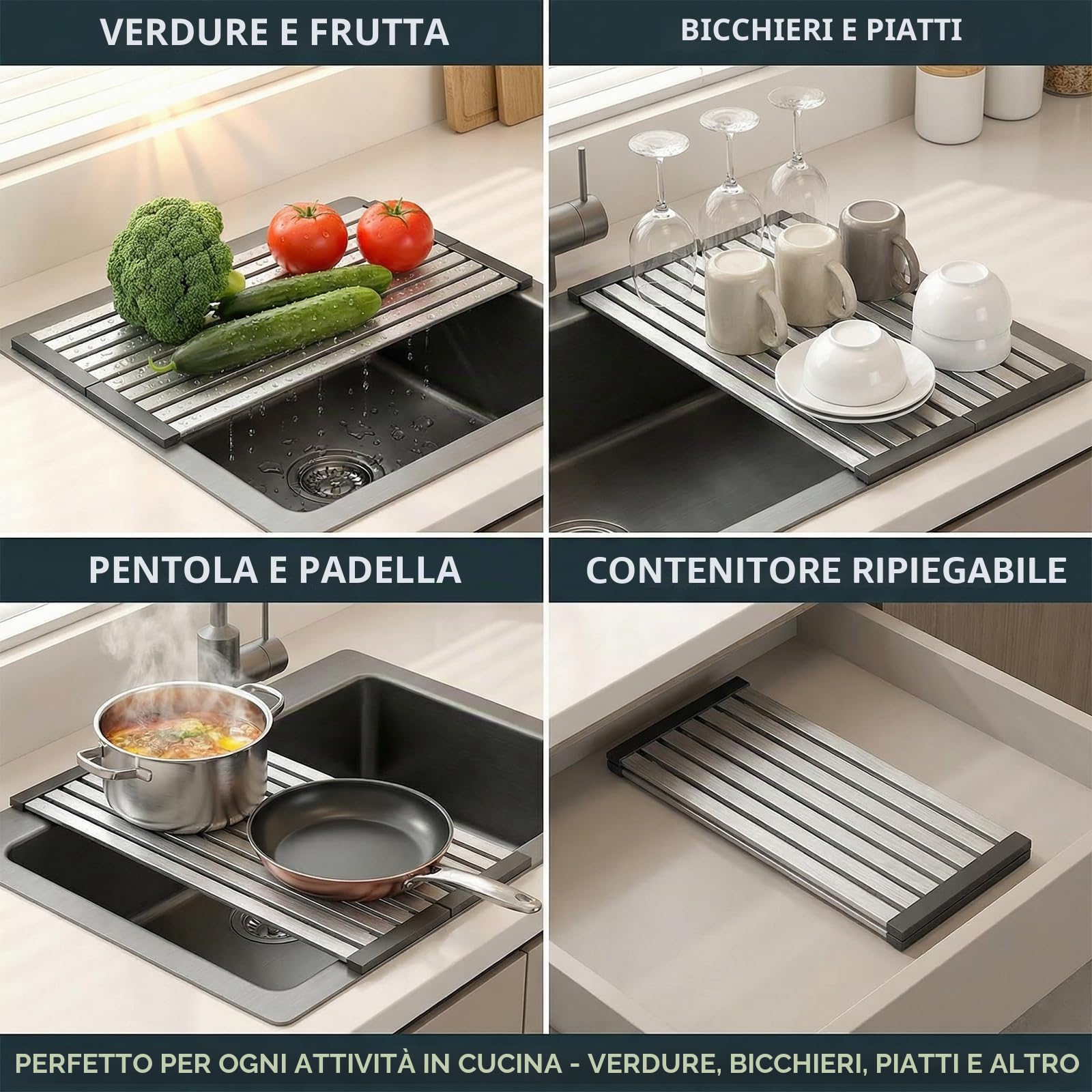 Scolapiatti Pieghevoli per Lavello in Acciaio Inox 17,7x12 Pollici: La Soluzione Perfetta per il Tuo Spazio Culinario