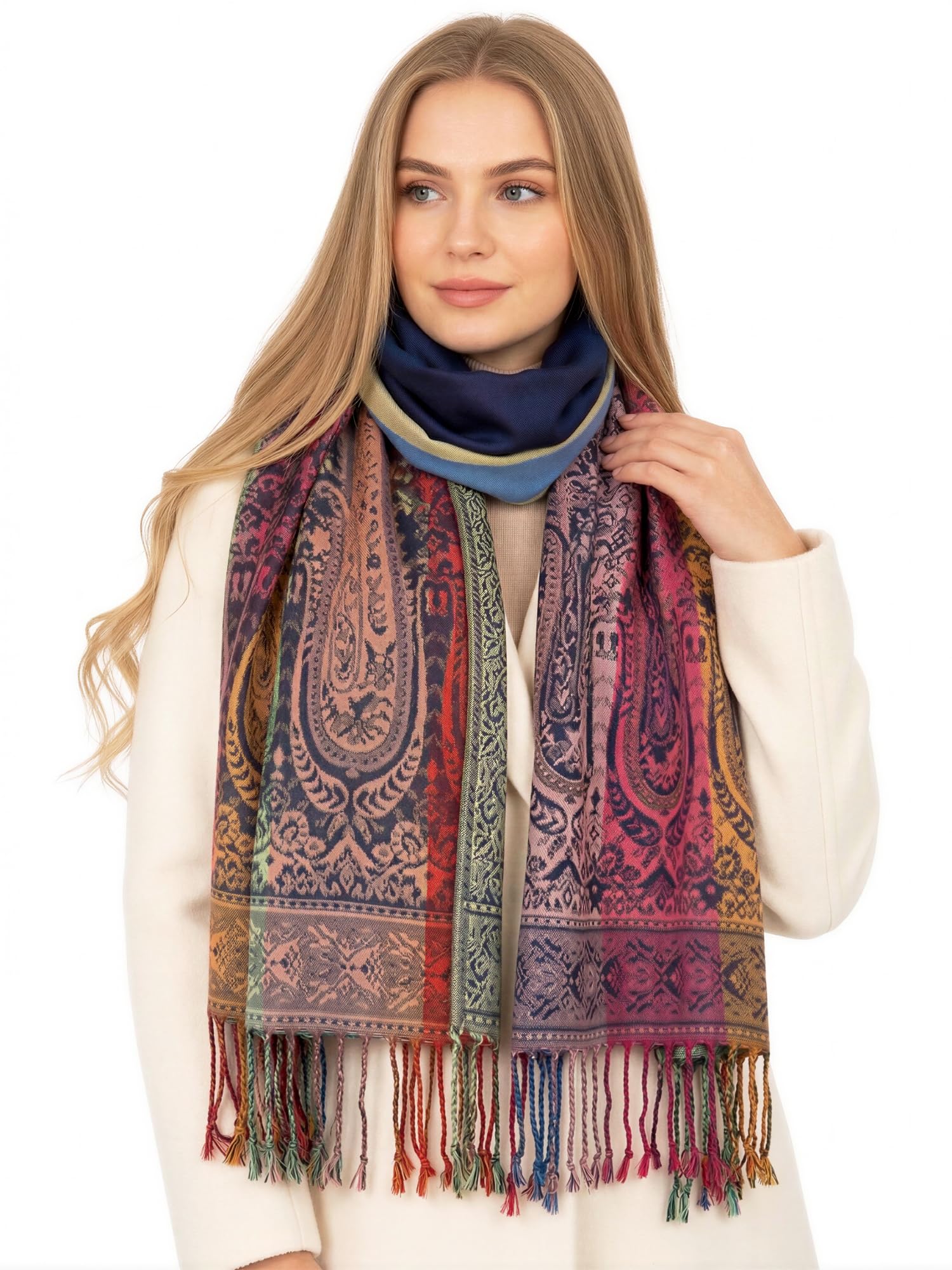 InStyle Bags Women's Large Multicolour Pashmina Shawl Scarf, Woman Rainbow Coloured Scarf, Bright Multi Colour Wrap, Lightweight Summer Evening Paisley Floral Stole Winter (rainbow paisley navy)