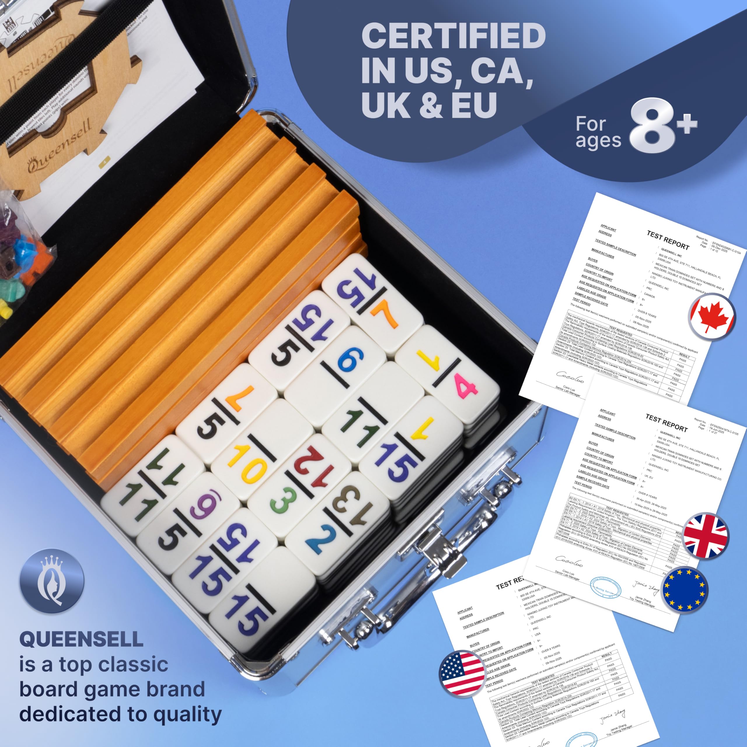 Queensell Set domino a forma di treno messicano, doppio 15 numerato, con 8 supporti