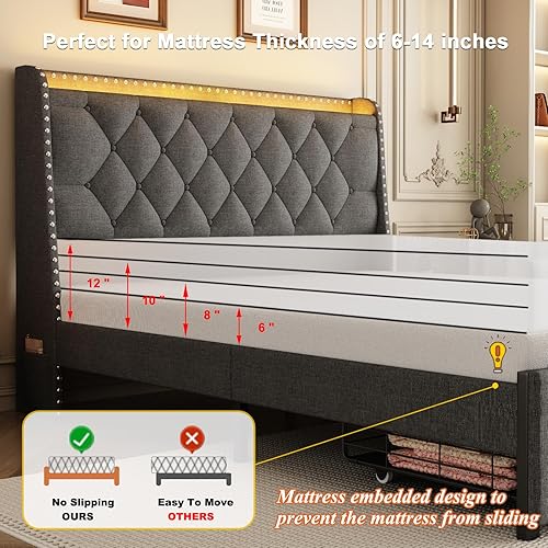 Miniatura 6 de Base de cama tamaño queen con cabecera de almacenamiento y 2 cajones, base de cama tapizada de lino con luces LED y estación de carga, no necesita
