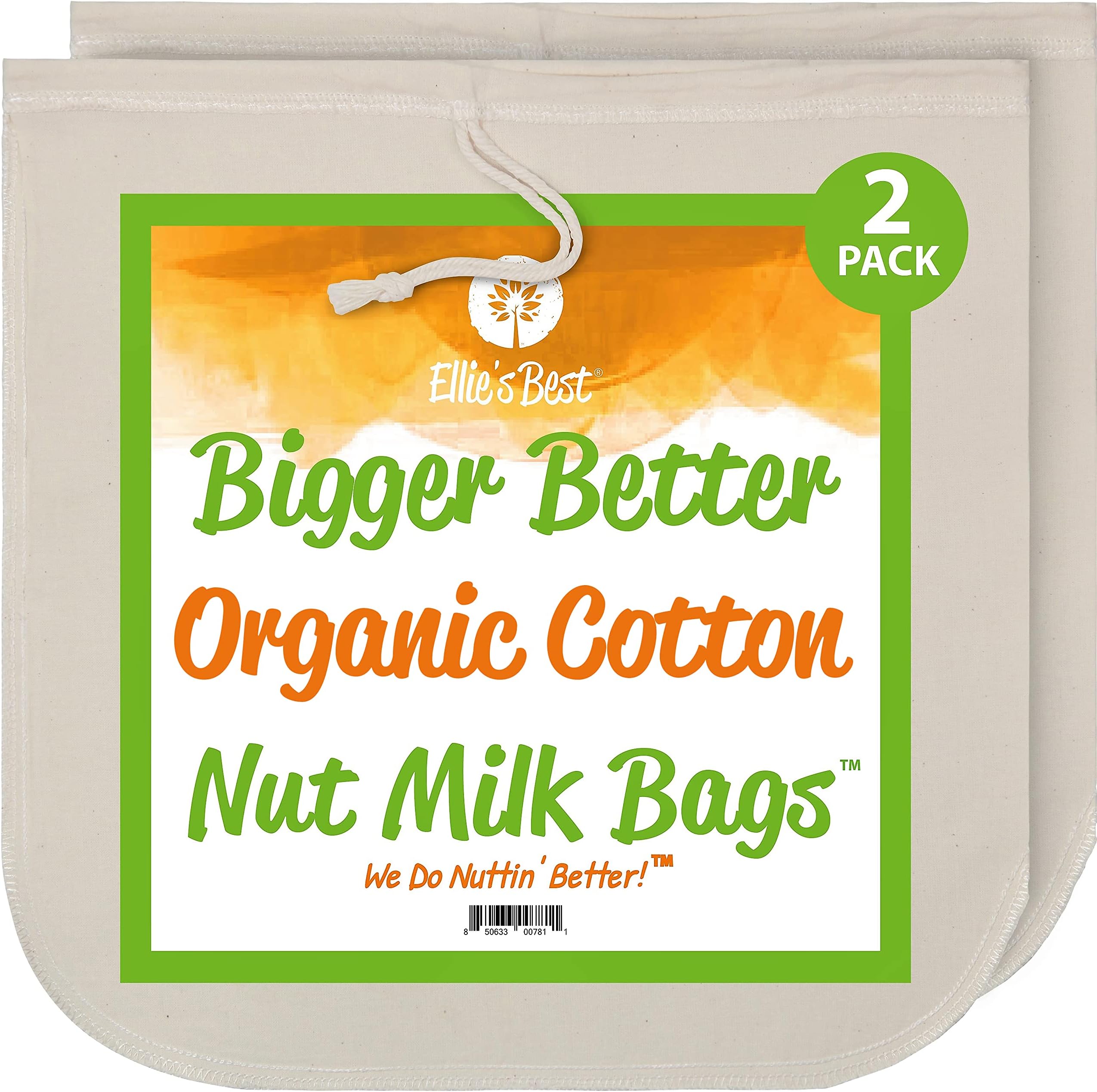 Ellie's Best Nut Milk Bags - Organic Cotton - Not Cheesecloth - Pro Quality Unbleached 12"x12" 2 Pack - Perfect Size Mesh Strainer for Almond Milk-Cheese-Tea-Yogurt-Juices-Soups- Reusable Washable