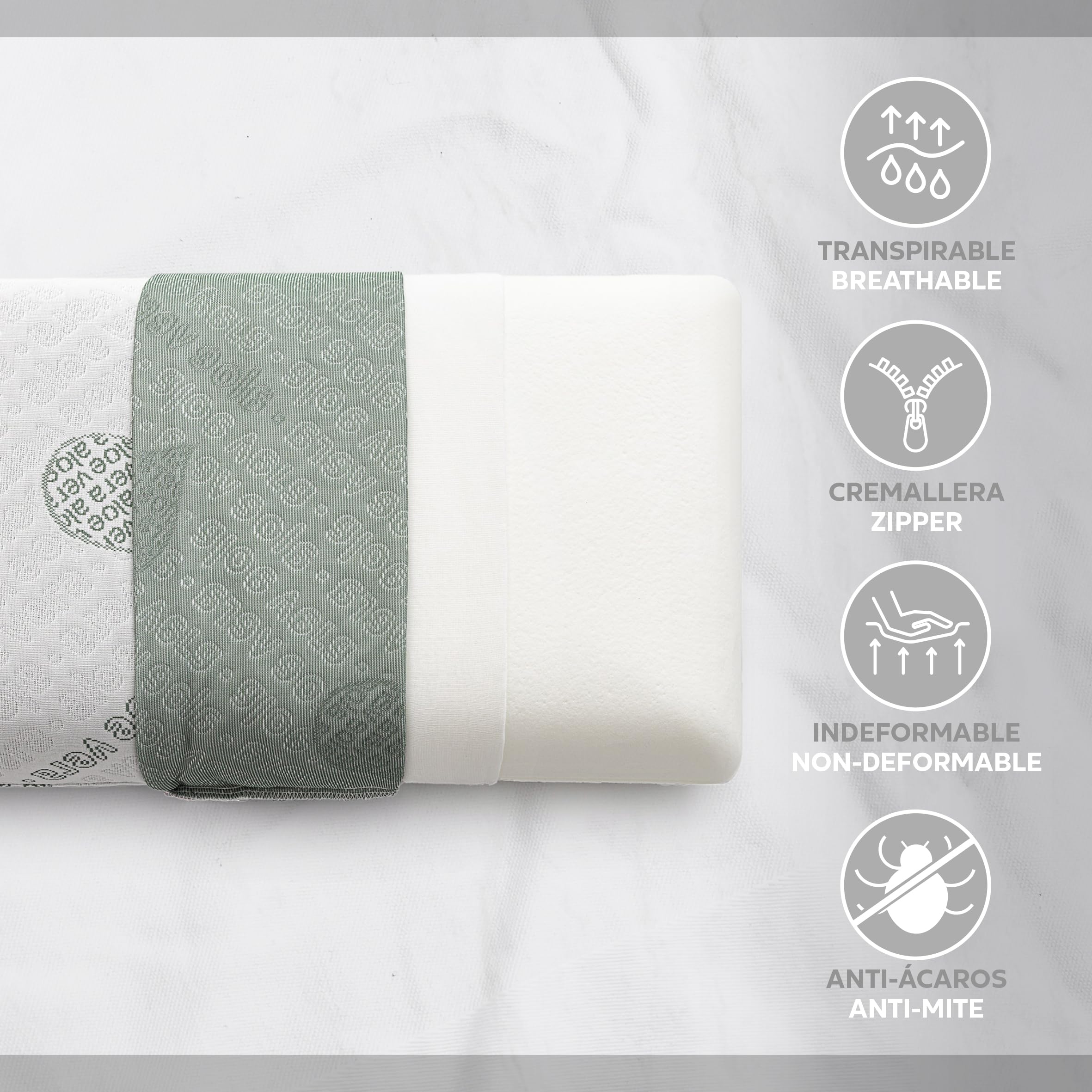 Textilhome Pack 2 Unidades Almohada Viscoelástica 75 cm, Núcleo de Visco Puro 100%, Funda con Cremallera Lavable, Tejido Ecológico Aloe Vera Stretch Transpirable, Hipoalergénico y Ergonómica.