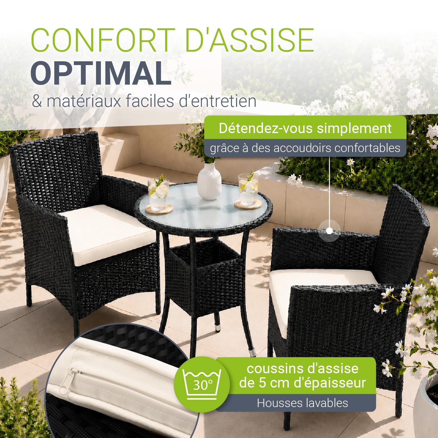 Juskys Ensemble de Balcon en rotin synthétique Bayamo 3 pièces – Meubles de Balcon résistant aux intempéries avec Table, 2 chaises et Coussins – Meubles de Jardin pour 2 Personnes – Noir/crème