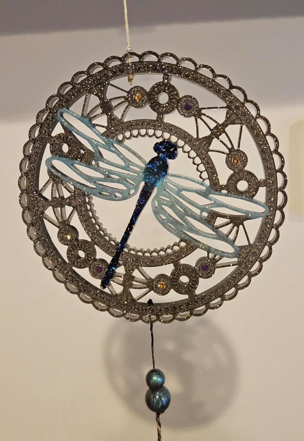 Decorative Dragonfly Sun Catcher, Resin, Iridescent Blue Medallion, Hanging Garden Art