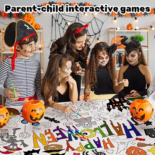 Miniatura 6 de Póster gigante para colorear de Halloween con 6 crayones apilables, juego de recuerdos de fiesta de murciélagos y fantasmas, pancarta de papel para