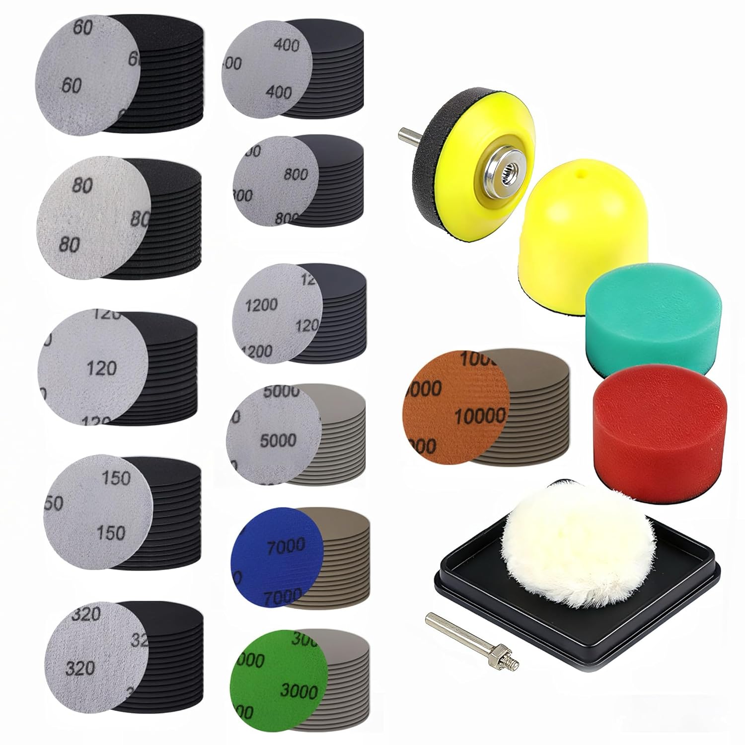 189PCS 2 Inch Sanding Discs 60-1000 Grit, Silicon Carbide Wet Dry Sandpaper with 1/4” Shank Drill Attachment, Hook and Loop Pads for Metal, Wood, Rust Removal, Rotary Tools