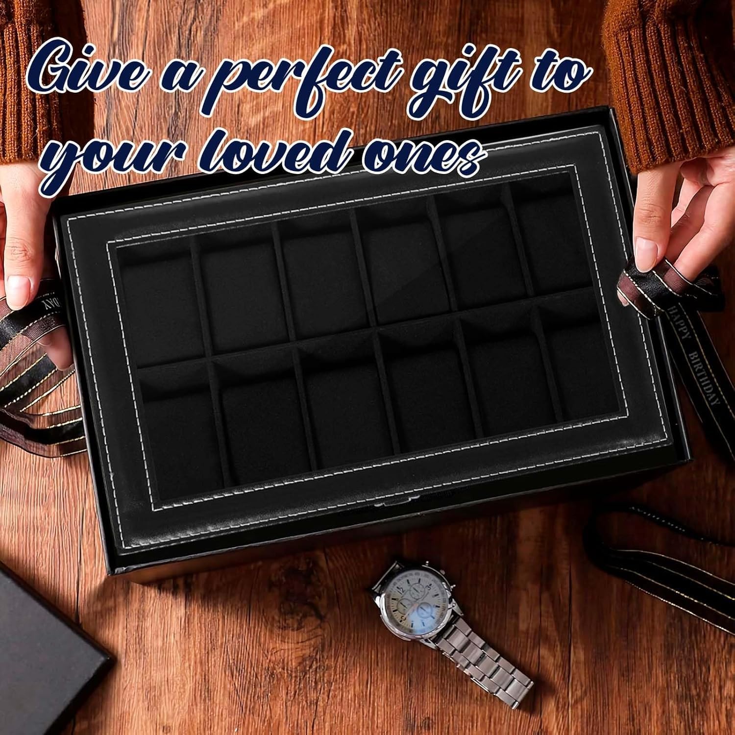Caja de Relojes con Tapa de Cristal y Cojín Extraíble 12 Ranuras Organizador