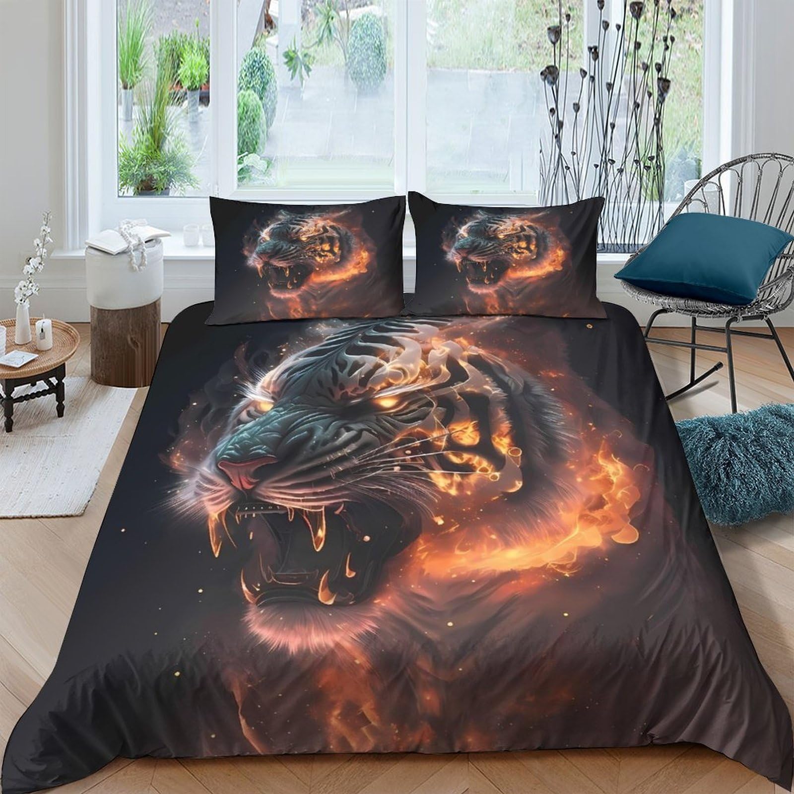 Ctjqhvkz Style-2 3D Printed Fire Tiger Fitted Sheet Microfiber Soft Breathable Animal Head Mattress Cover For Bedroom Dorm Decor Single（135X200cm）