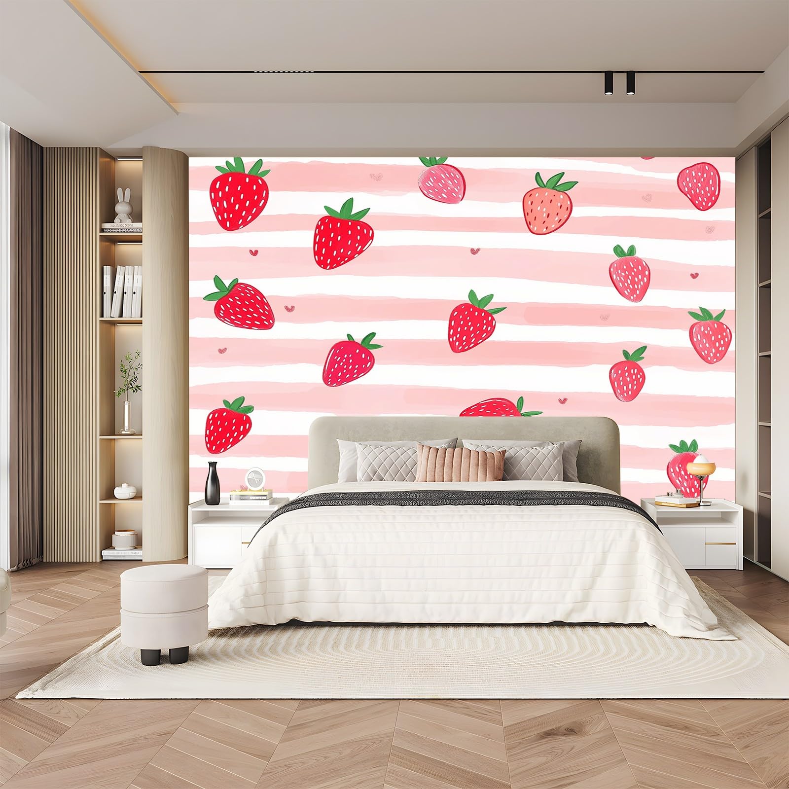 Panoramiczna tapeta kreskówka truskawkowe paski czerwona róża 200 x 140 cm (szer. x wys.), nowoczesna tapeta z włókniny do sypialni salonu biura spersonalizowana dekoracja ścienna restauracja pokój