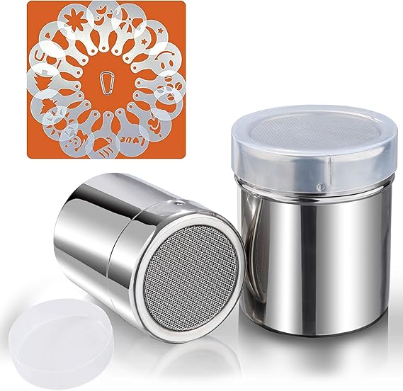 Powder Sugar Shaker with Lid, SOSMAR 2 Pieces 304 Stainless Steel Powder Shaker
