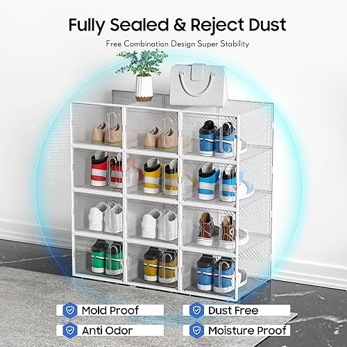 Miniatura 8 de eWonLife Caja de almacenamiento grande para organizar zapatos con puerta magnética, paquete de 12 contenedores apilables de plástico transparente