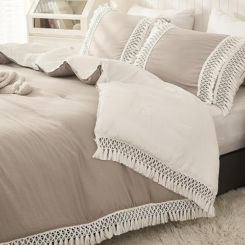 Juego de edredón de tamaño King, estilo bohemio, color marrón topo, para todas las estaciones, súper suave, cómodo, esponjoso, de microfibra, color