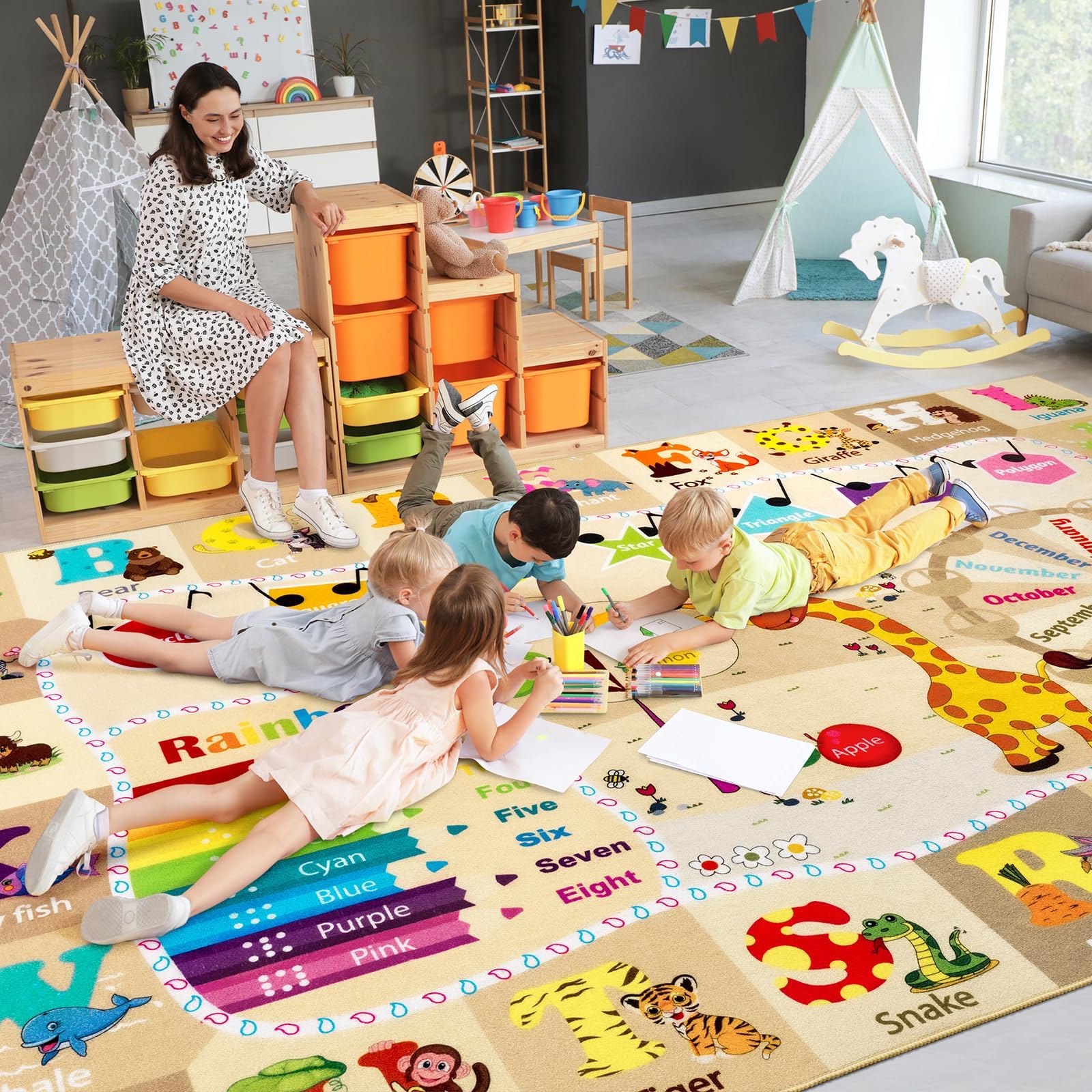 Grand tapis de salle de jeux pour enfants – Tapis éducatif et amusant avec lettres de l'alphabet ABC – Tapis lavable pour salle de classe – 152 x 24 cm – Beige