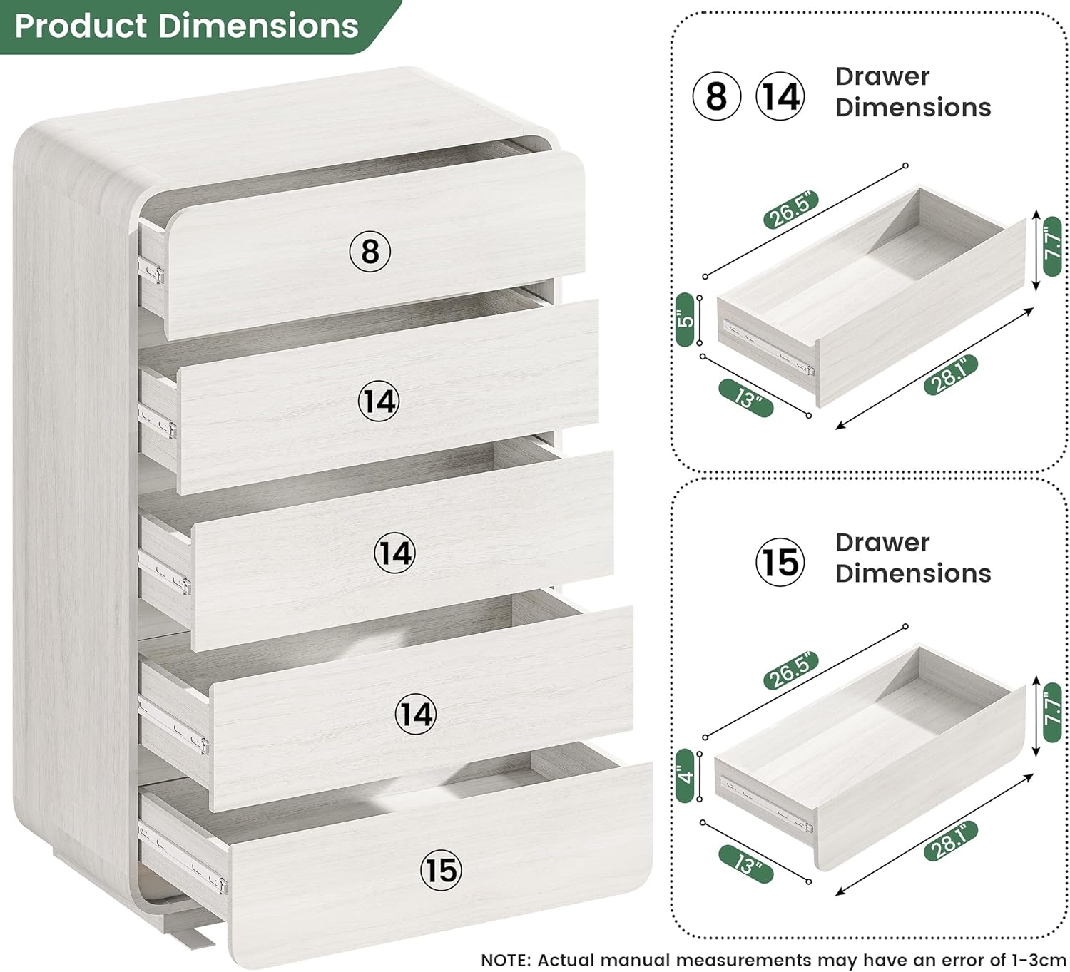 Detailed drawer dimensions for the Standifurno 5-Drawer Curved Dresser