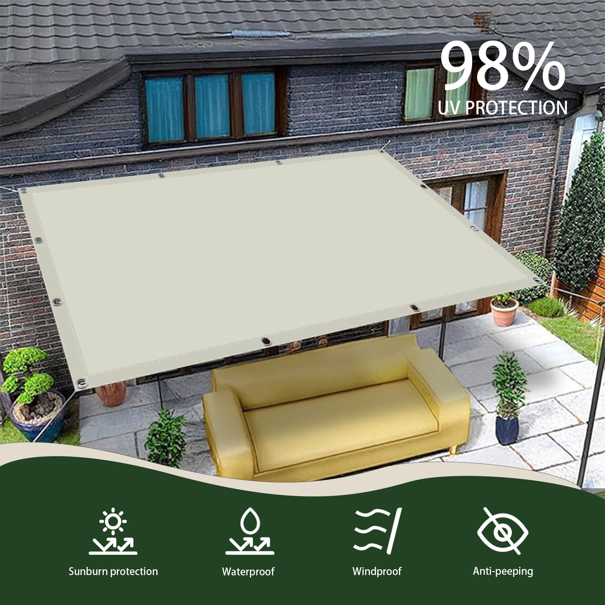 Voiles Ombrages Rectangulaire 320 x 360 cm UV Résistant Toile d'ombrage Rectangulaire Contre Le Vent pour Patio Jardin Terrasse Extérieur Balcon, Blanc cassé